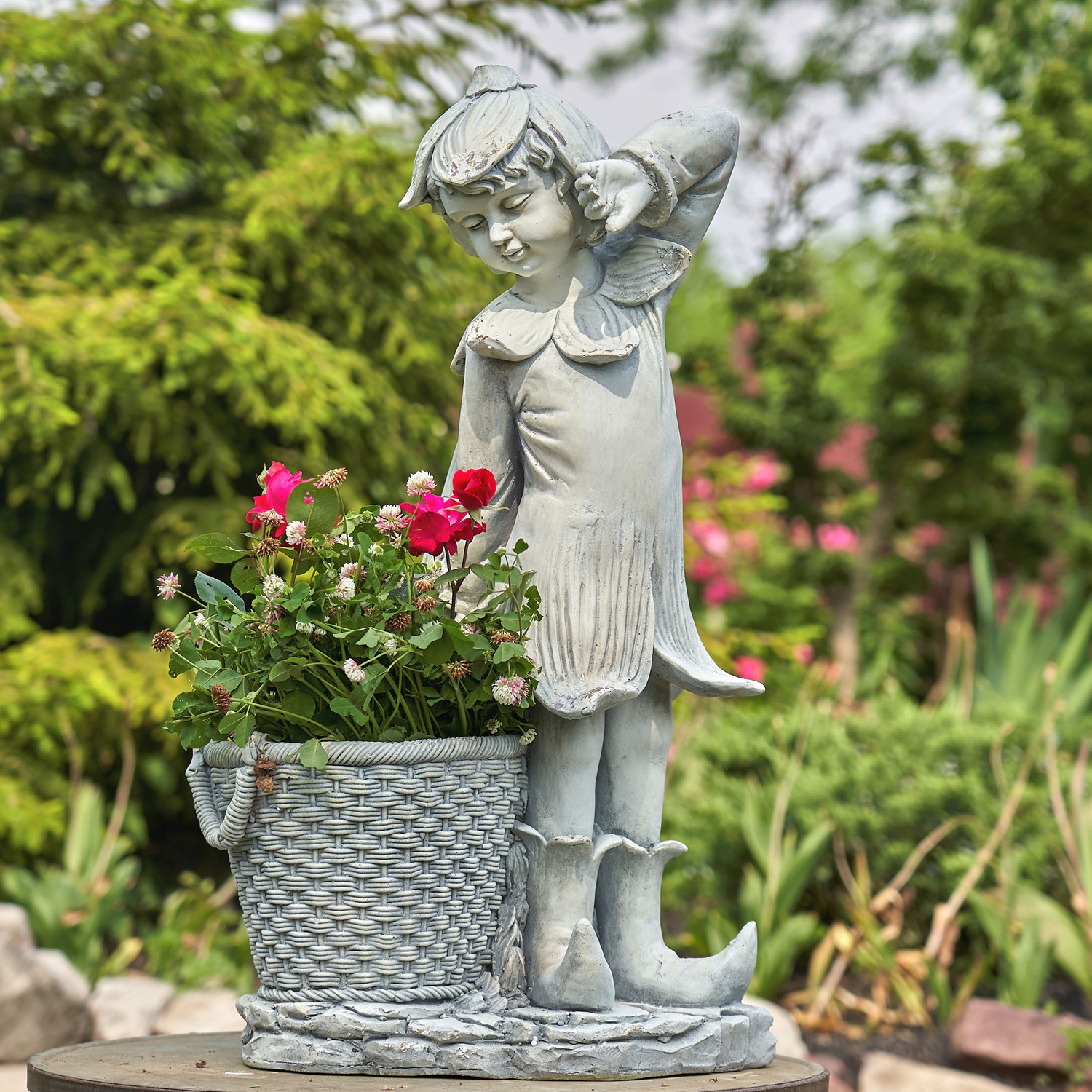 Zaer Ltd International 30" Tall Magnesium Fairy Garden Statue with Basket in Antique White "Oliver" ZR341730-AW