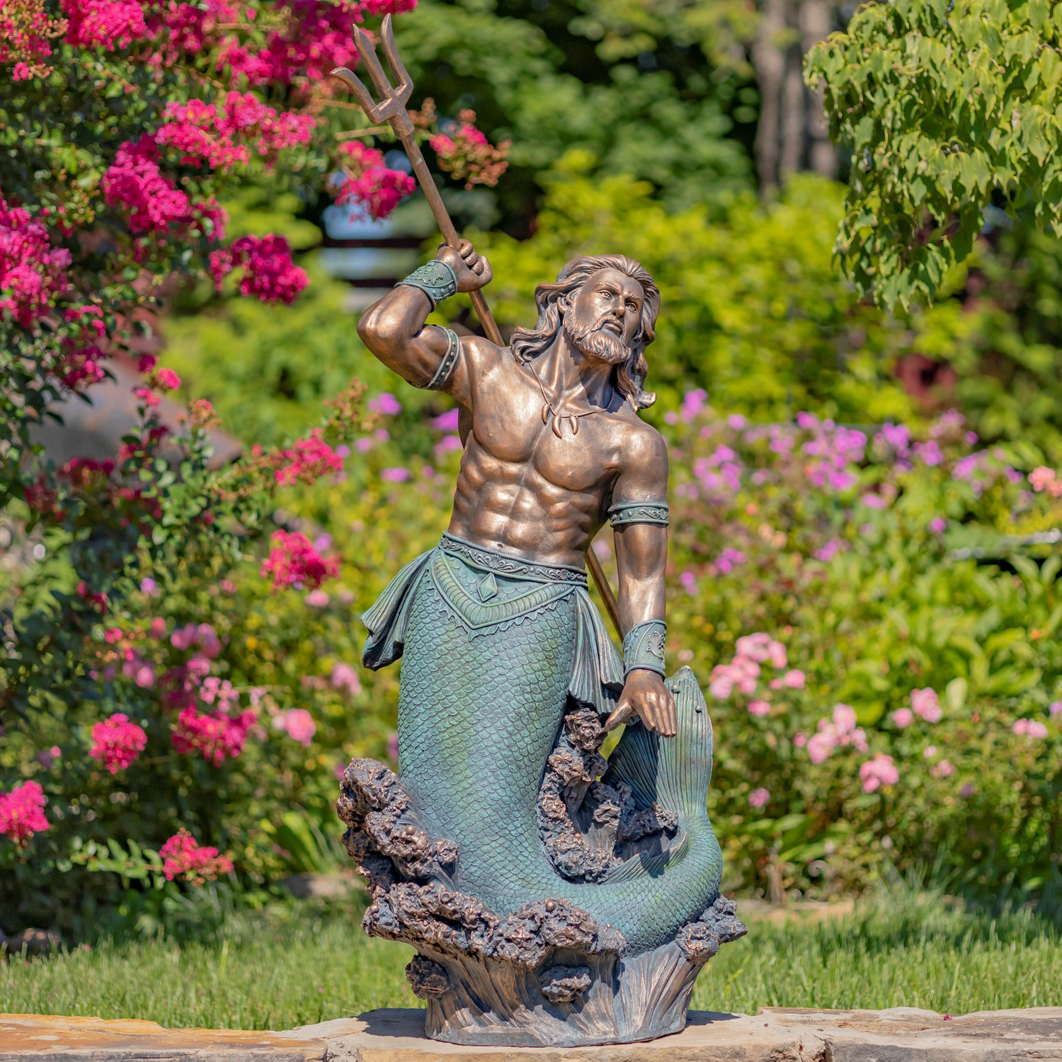 Zaer Ltd. International Pre-Order: 48" Magnesium Merman Garden Statue Throwing Trident - Bronze "Scotty" ZR343048-BZ