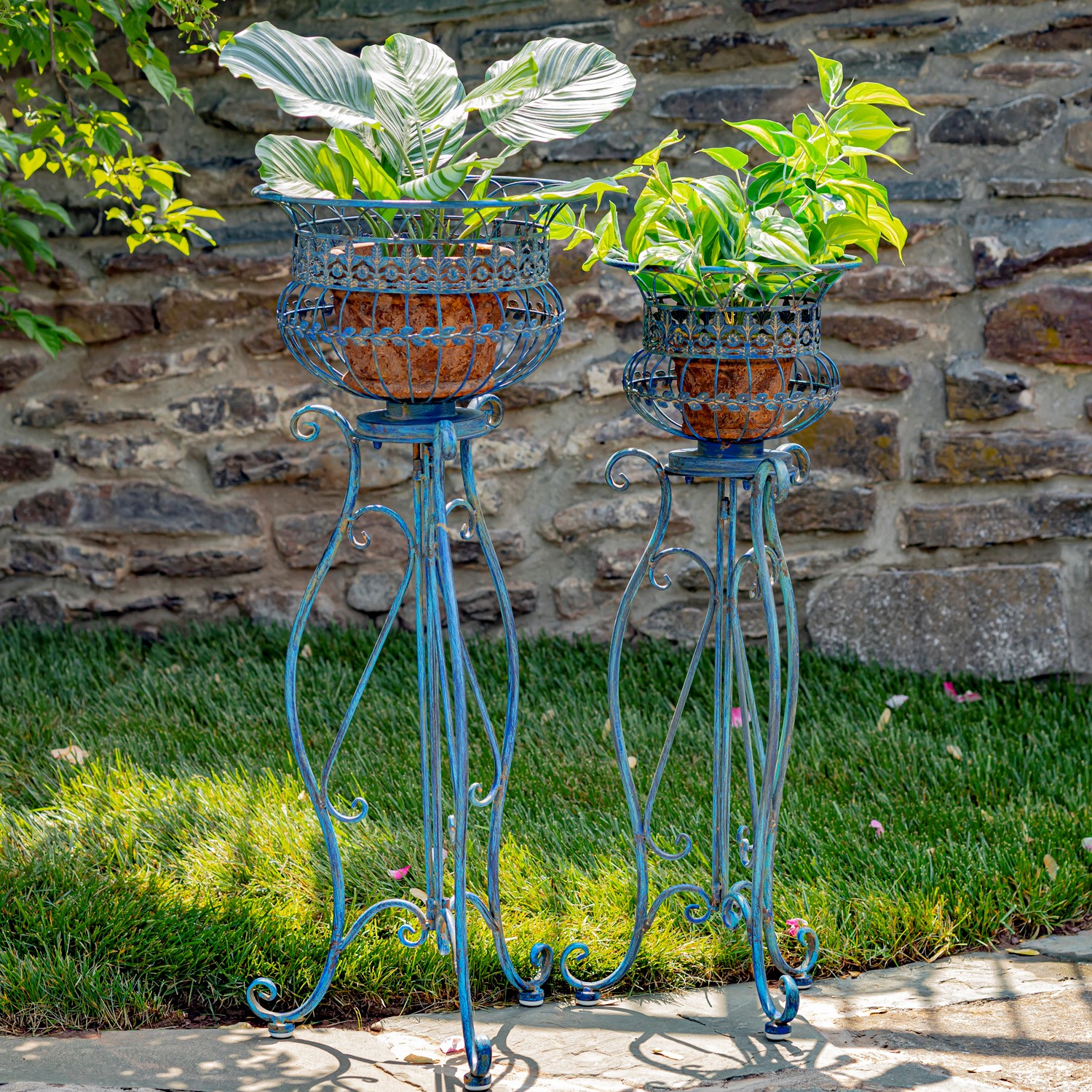 Zaer Ltd. International Set of 2 Standing Iron Basket Plant Stands in Cobalt Blue "London 1820" ZR191035-BL