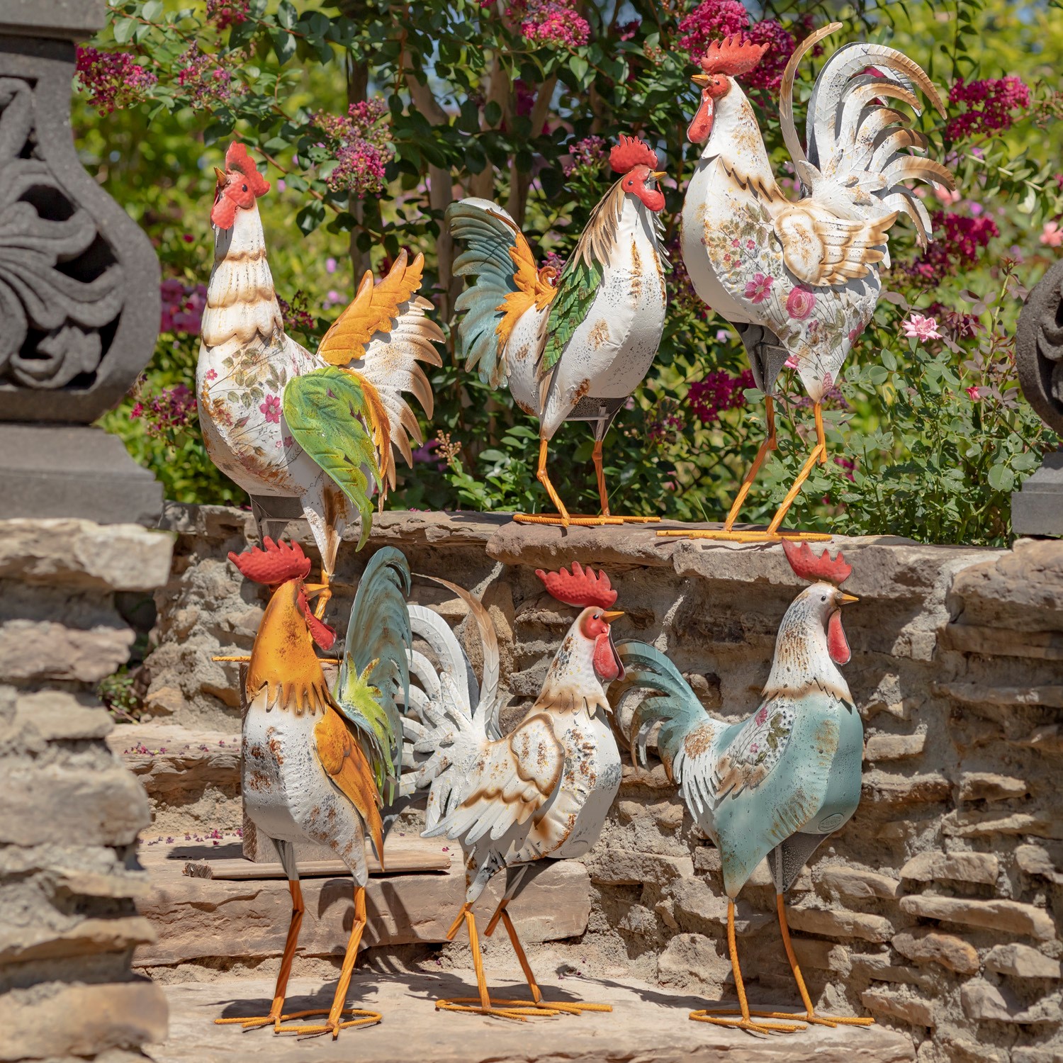 Set Of 6 Assorted Iron Rooster Figurines