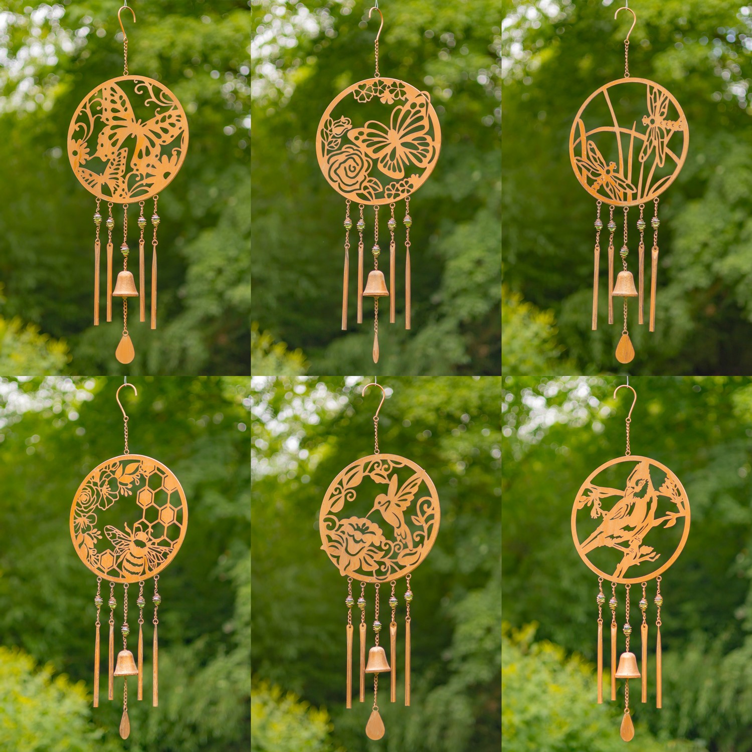 Zaer Ltd. International Set of 6 Asst. Circular Copper Wind Chimes with Nature Scenes & Bell ZR122131-SET