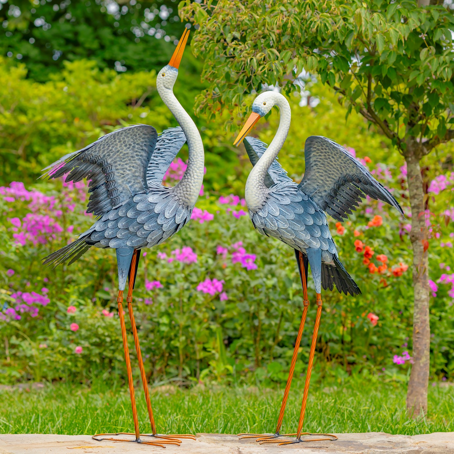 Zaer Ltd. International Set of 2 51" Tall White Neck Blue-Grey Heron Garden Figurines with Spread Wings ZR217086-SET