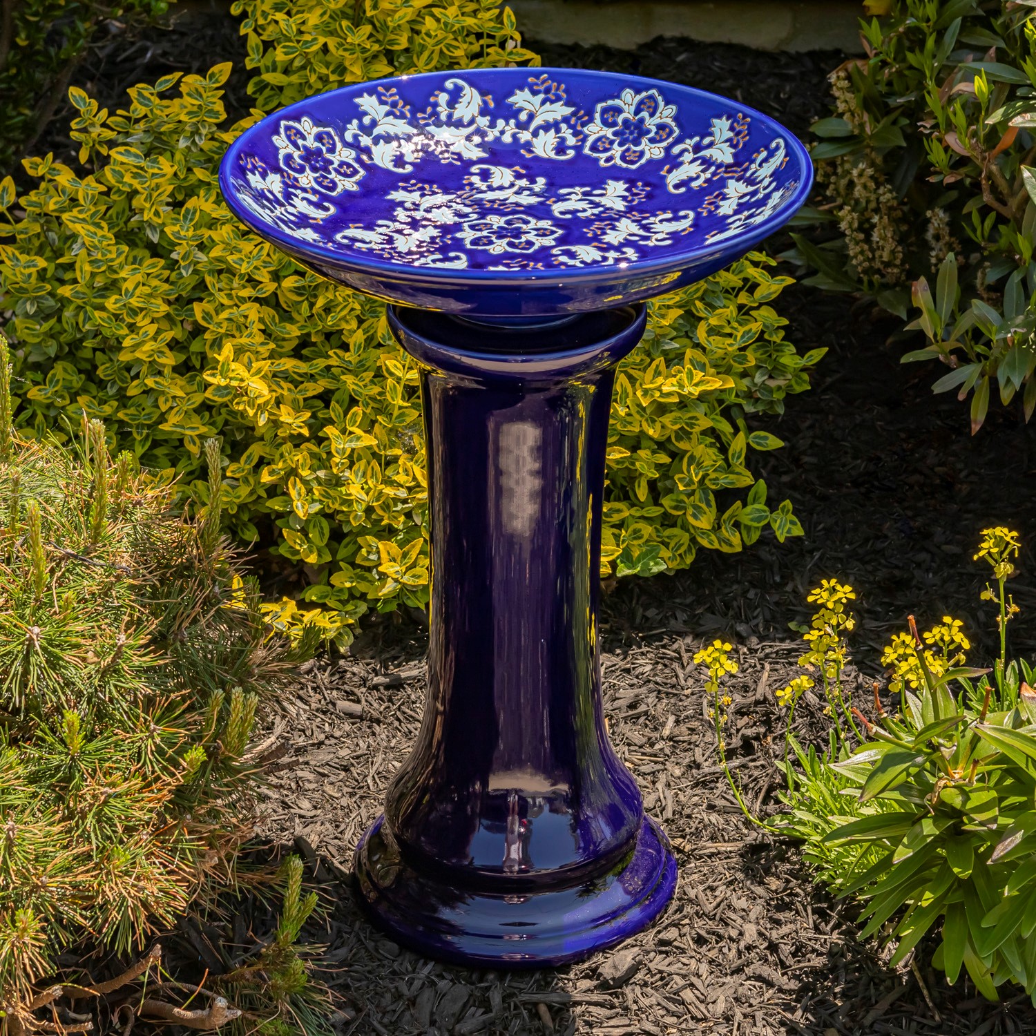Zaer Ltd. International Pre-Order: 24"T. Blue Porcelain Pedestal Birdbath w/Hand Painted Basin "Madison" ZR180003