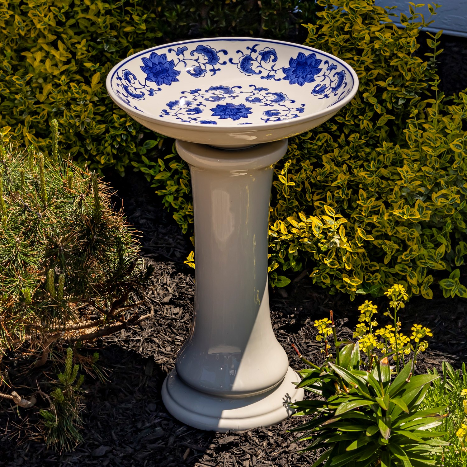 Zaer Ltd. International Pre-Order: 24"T White Porcelain Birdbath with Hand Painted Blue Flowers "Audrey" ZR180005