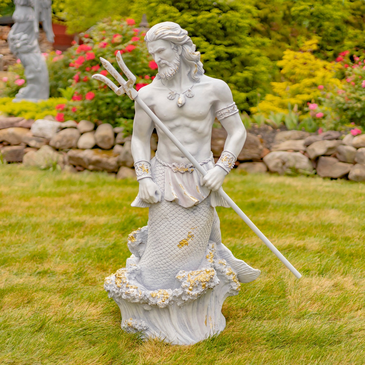 Zaer Ltd. International 50" Tall Magnesium Merman Garden Statue Holding Trident in Antq. Grey "Roberto" ZR343149-GY