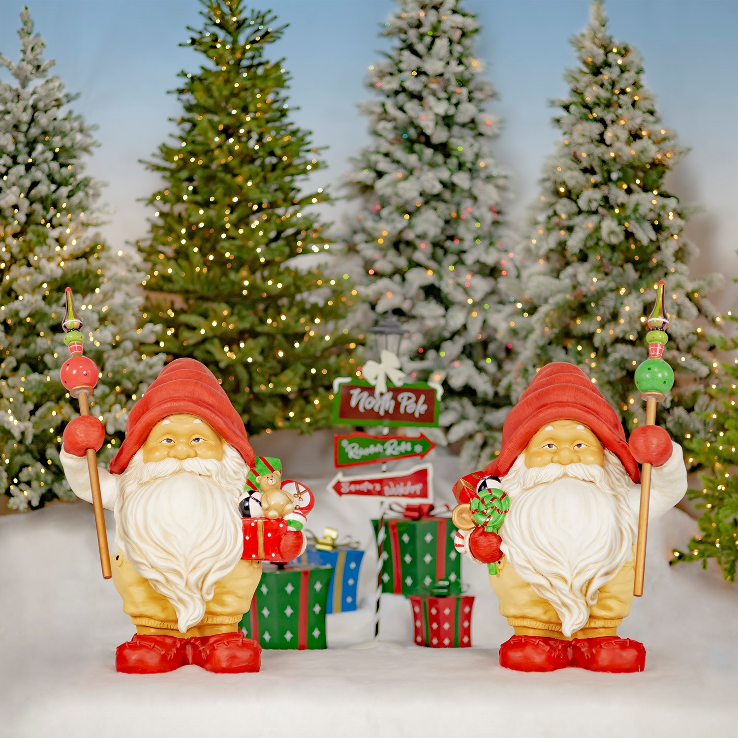 Zaer Ltd. International Set of Two 27.5" Tall Santa Gnome Statues Holding Gifts & Staffs "Nick & Kris" ZR223506-7