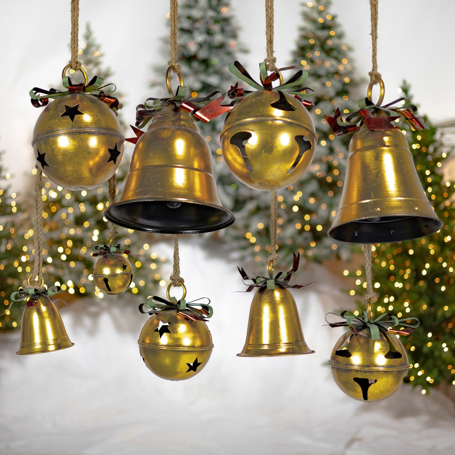 Set of 9 Assorted Antique Gold Oversized Hanging Metal Christmas Bells