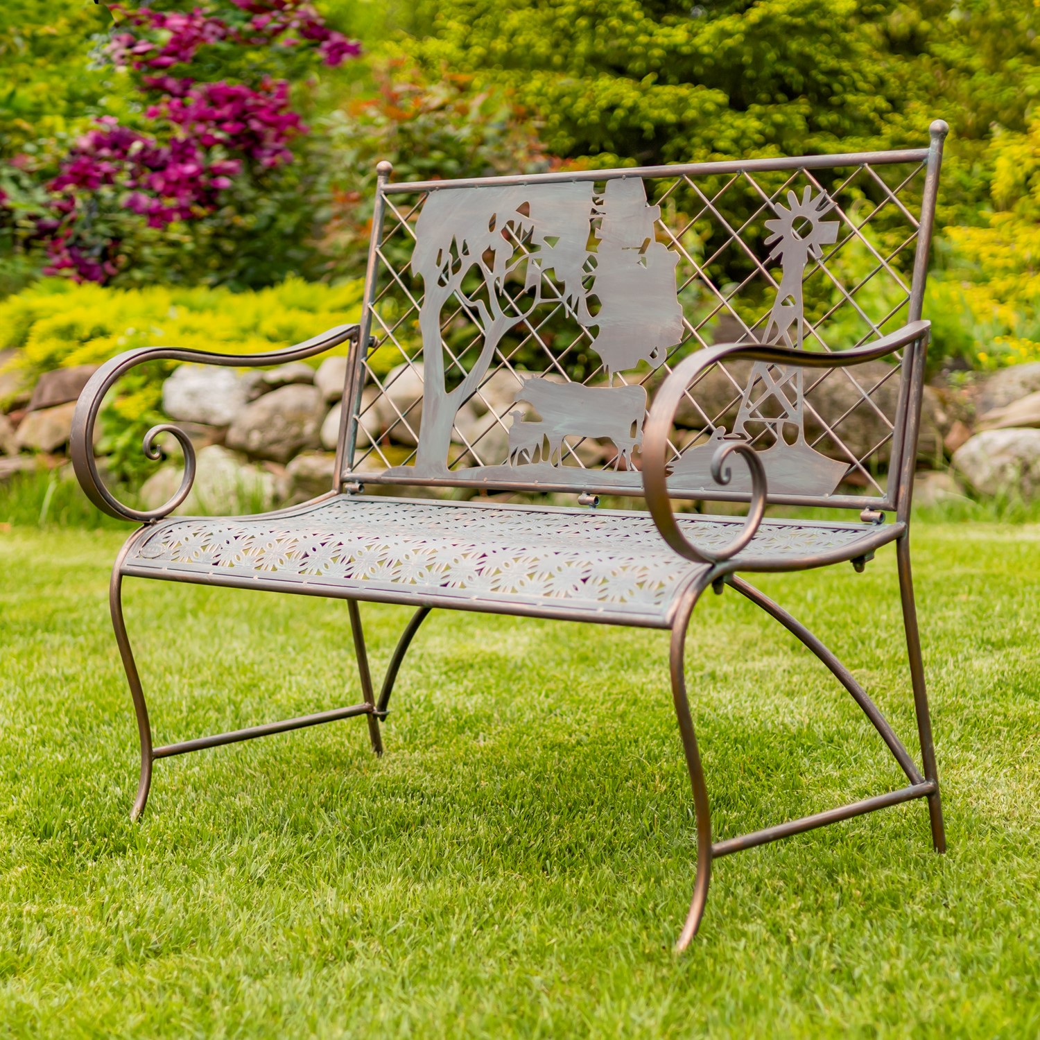 Zaer Ltd International Rectangular Outdoor Bench with Cow & Windmill Silhouette "Strasburg" ZR220865-BZ
