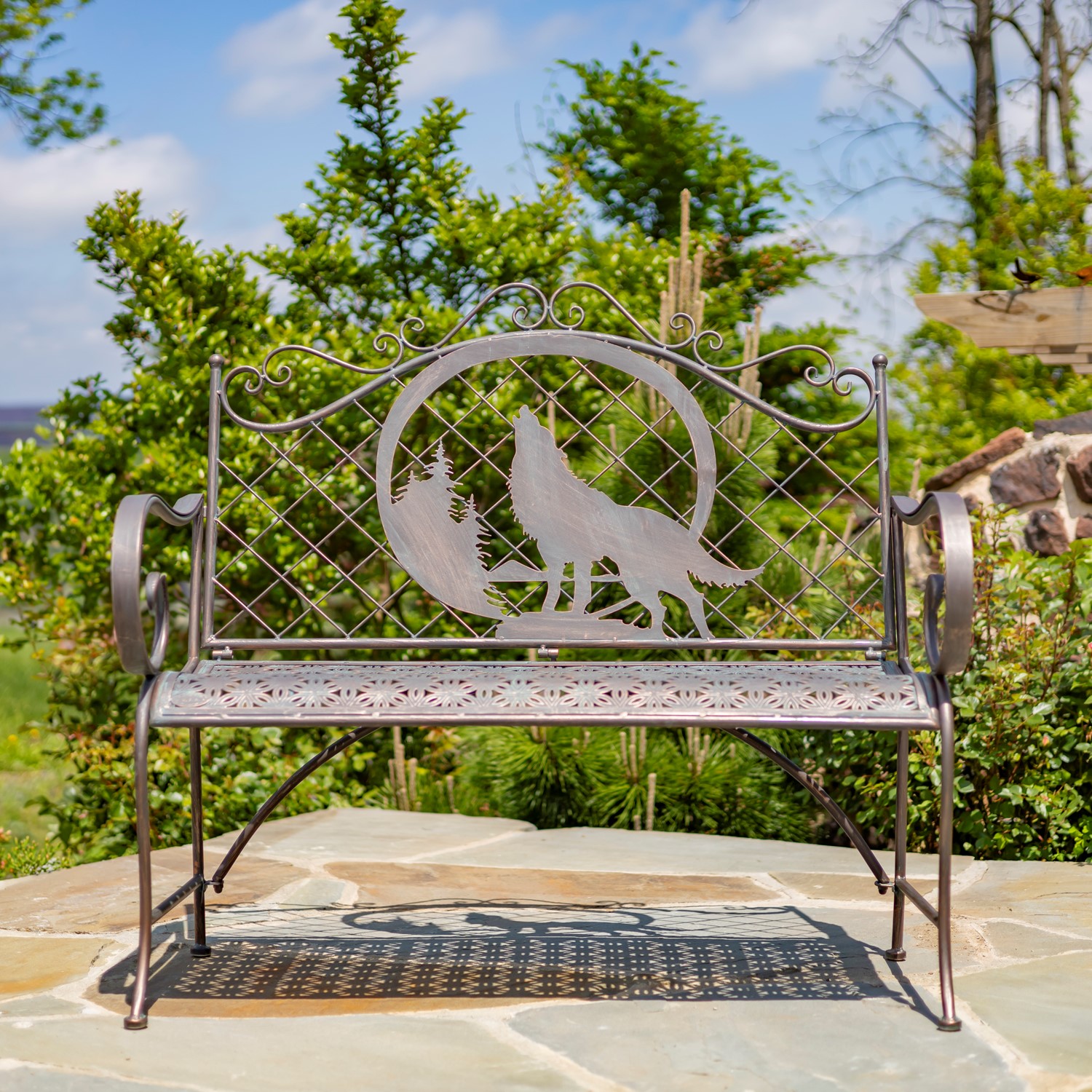 Classic Iron Garden Bench with Howling Wolf and Moon