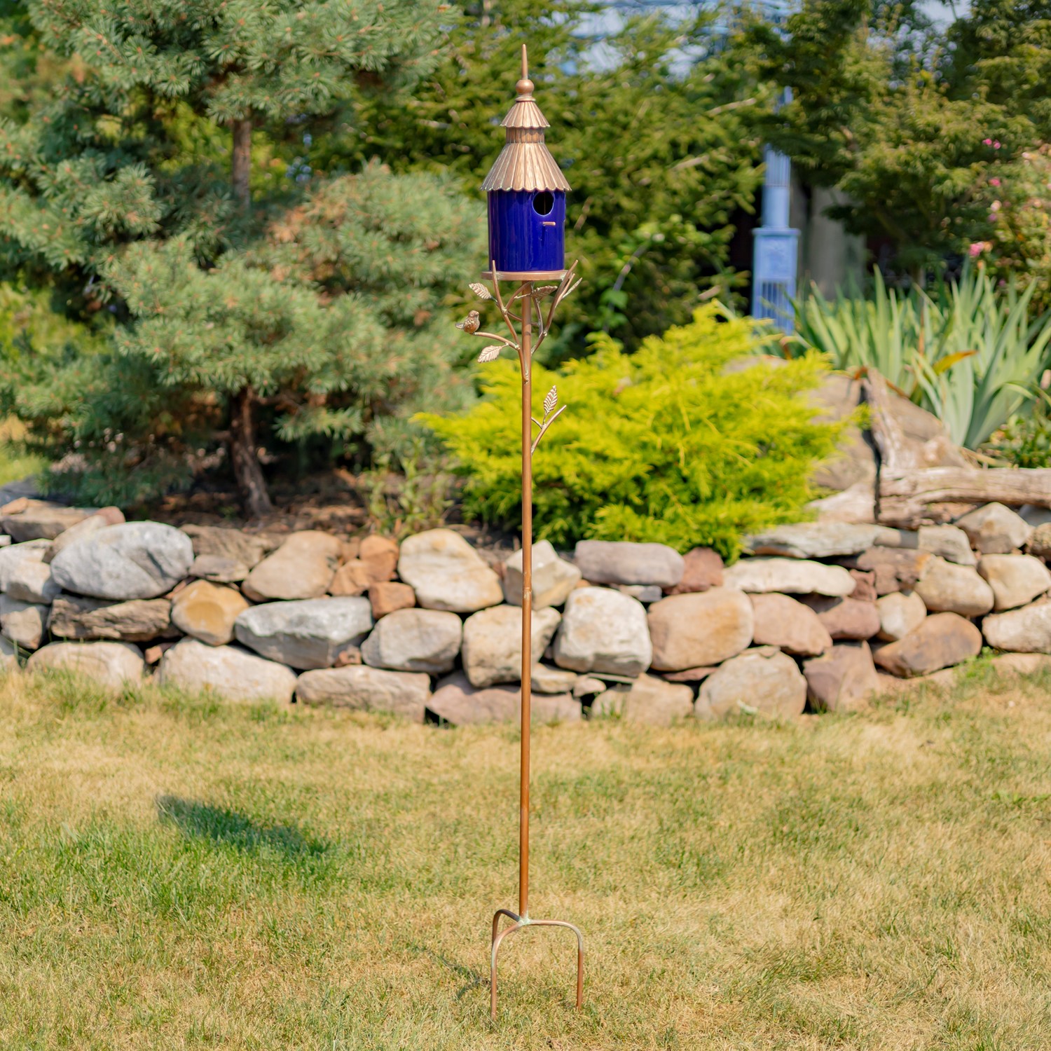 Zaer Ltd International Pre-Order: 69" Tall Iron & Cobalt Blue Porcelain Birdhouse Stake "Cannes" ZR225218-CP