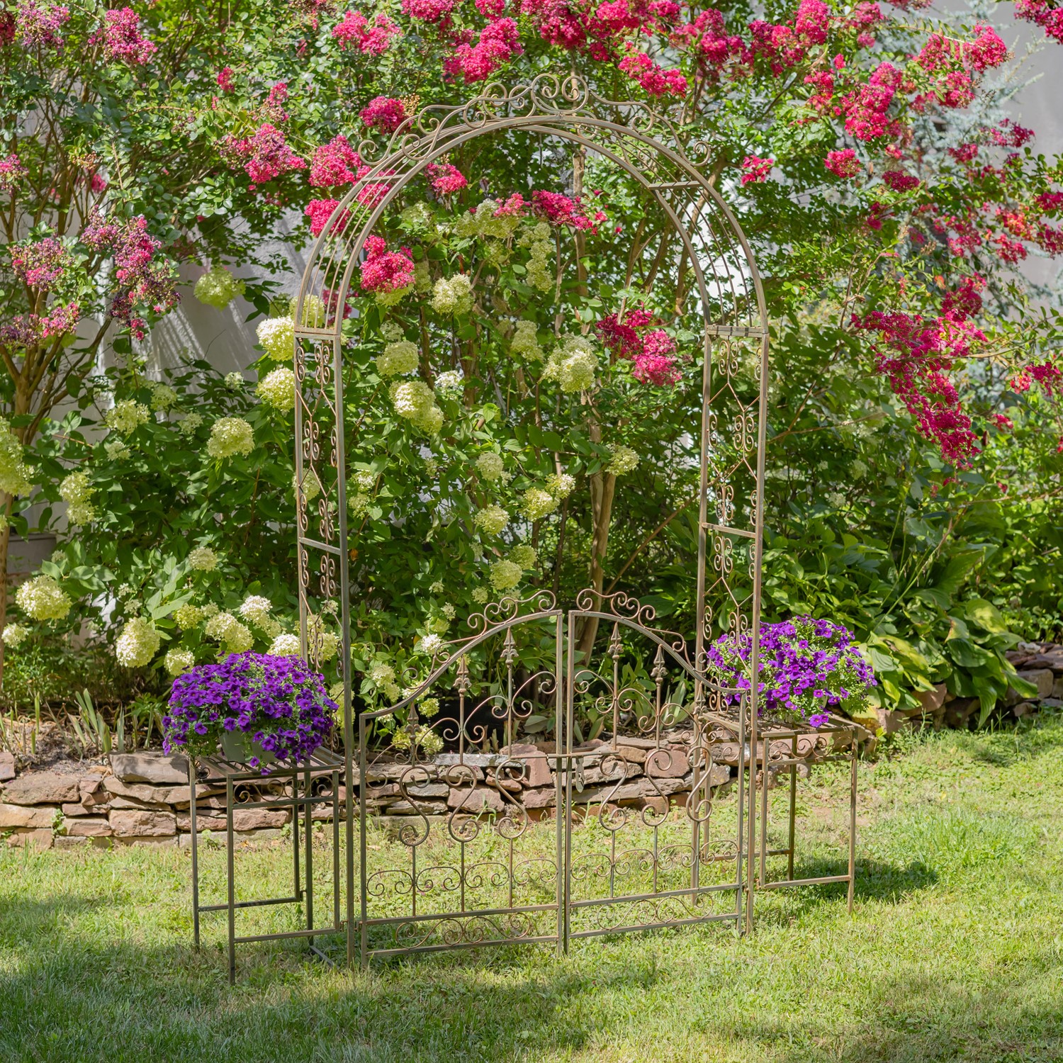 Zaer Ltd. International 96" Tall Garden Gate Archway with 2 Side Plant Stands in Ant. Bronze "Genevieve" ZR135980-BZ