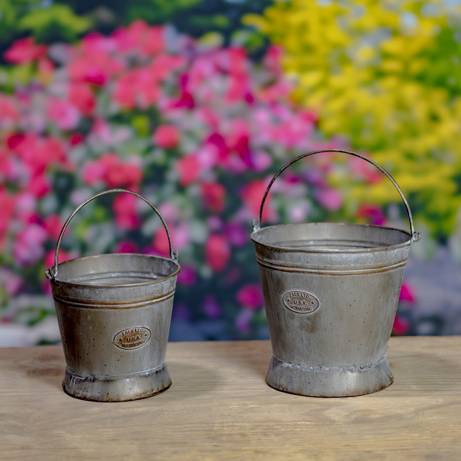 Zaer Ltd. International Set of 2 Galvanized Round Iron Planters with Moving Handles in Antique Grey ZR831012