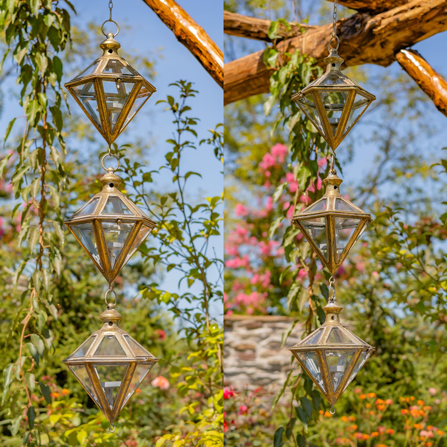 Zaer Ltd International Set of 2 Iron & Glass Hanging 3-Piece Lantern Chain in Frosted Gold "Diamante" ZR190404-FGS