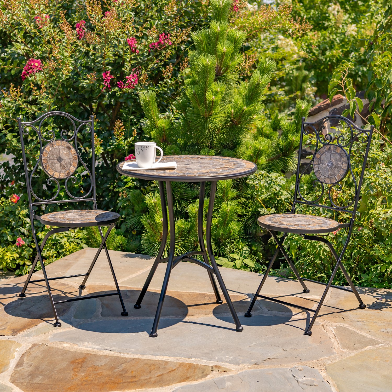 Zaer Ltd. International "St. Augustine" Three Piece Mosaic Bistro Set - Stone Grey & Brown ZR850514-65-SET