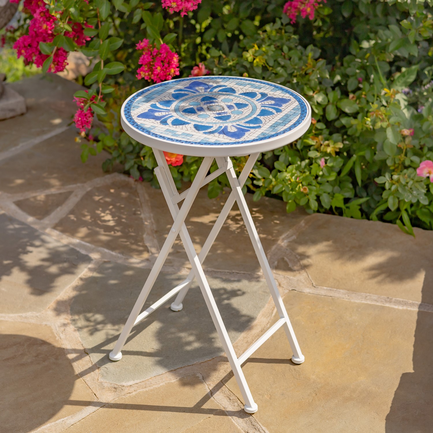 Zaer Ltd. International "Cape May" 23in. Tall Mosaic Folding Plant Stand - White & Blue ZR850192