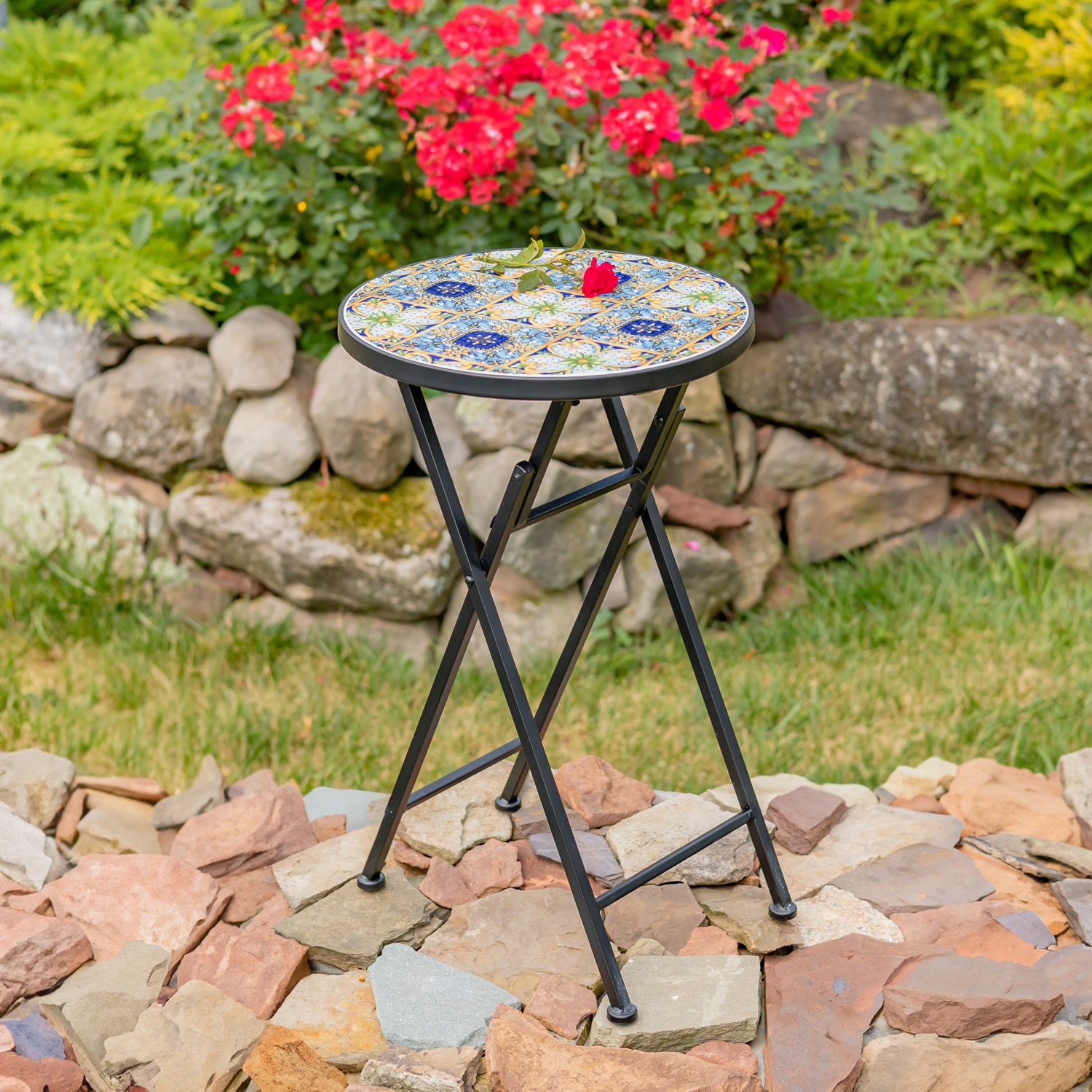 Zaer Ltd. International "Bar Harbor" 23in. Tall Mosaic Folding Plant Stand - Blue/Green/Peach ZR850616