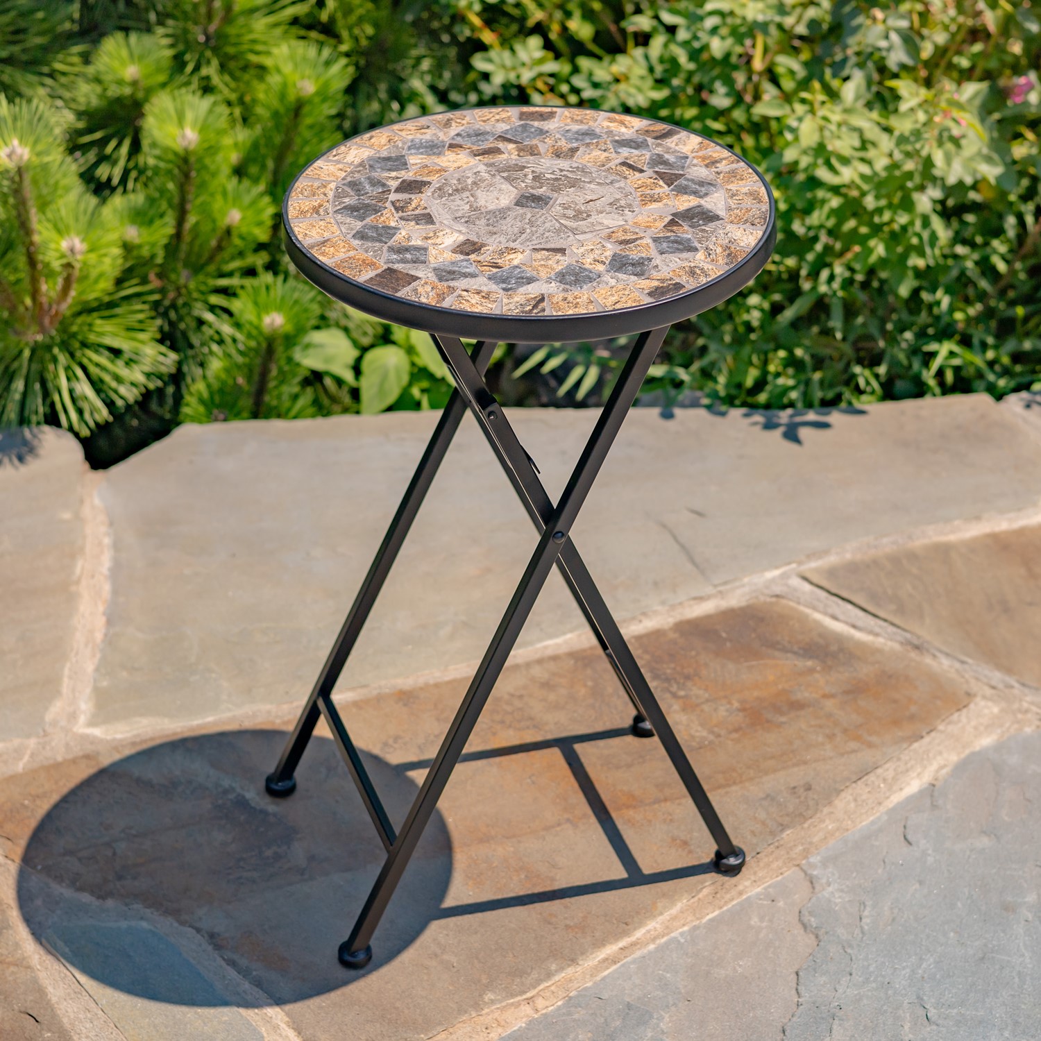 Zaer Ltd. International "St. Augustine" 23in. Tall Mosaic Folding Plant Stand - Stone & Brown ZR850516