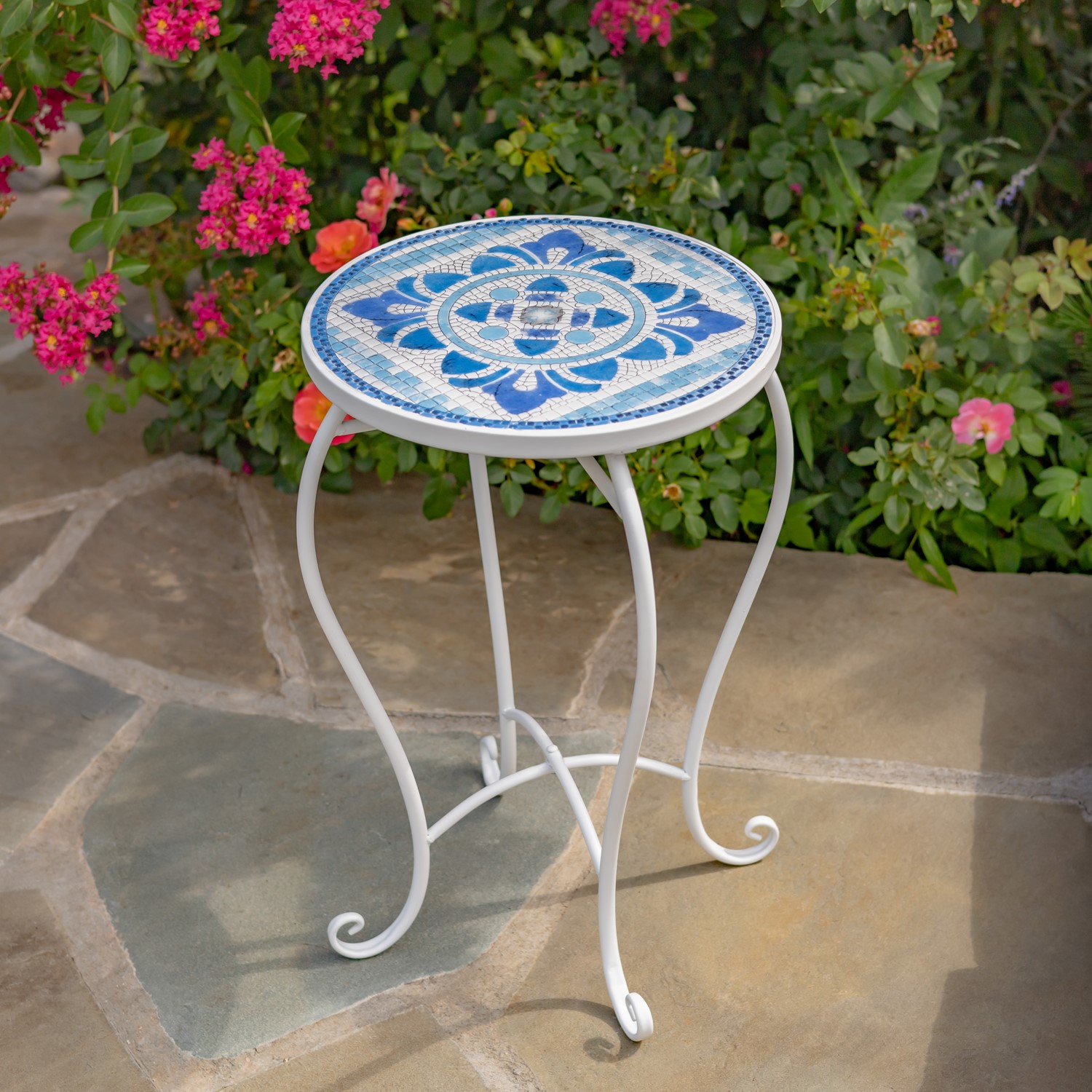 Zaer Ltd. International Pre-Order: "Cape May" 22in. Tall Mosaic Pedestal Plant Stand - White & Blue ZR850191