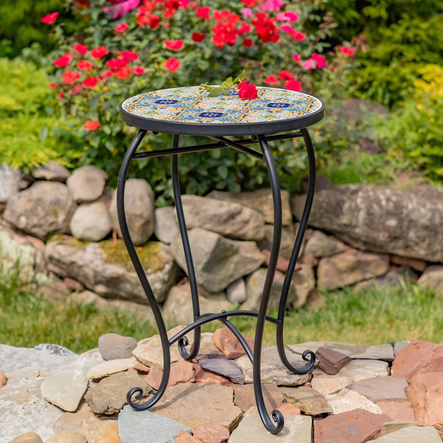 Zaer Ltd. International "Bar Harbor" 22in. Tall Mosaic Pedestal Plant Stand - Blue/Green/Peach ZR850615