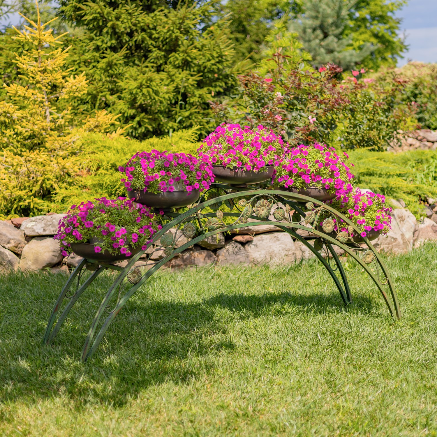 Zaer Ltd. International Pre-Order: 6.6ft. Long Bridge-Like Iron Plant Stand in Antique Green "Stockholm" ZR230421-GR