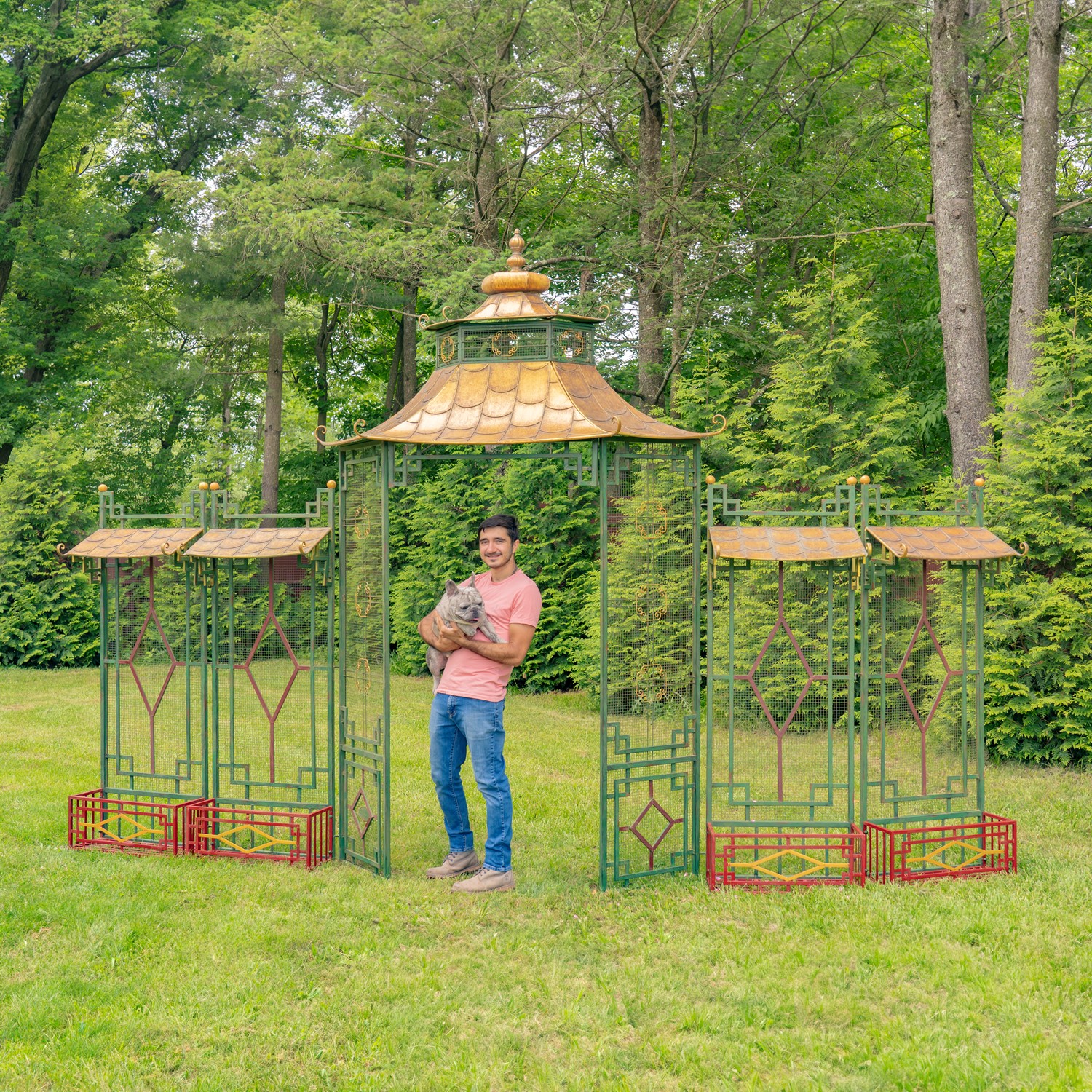 Zaer Ltd. International 16ft Long Pagoda Style Iron Garden Gate w/4Planters in Green-White-Gold "Batumi" ZR230426-GR