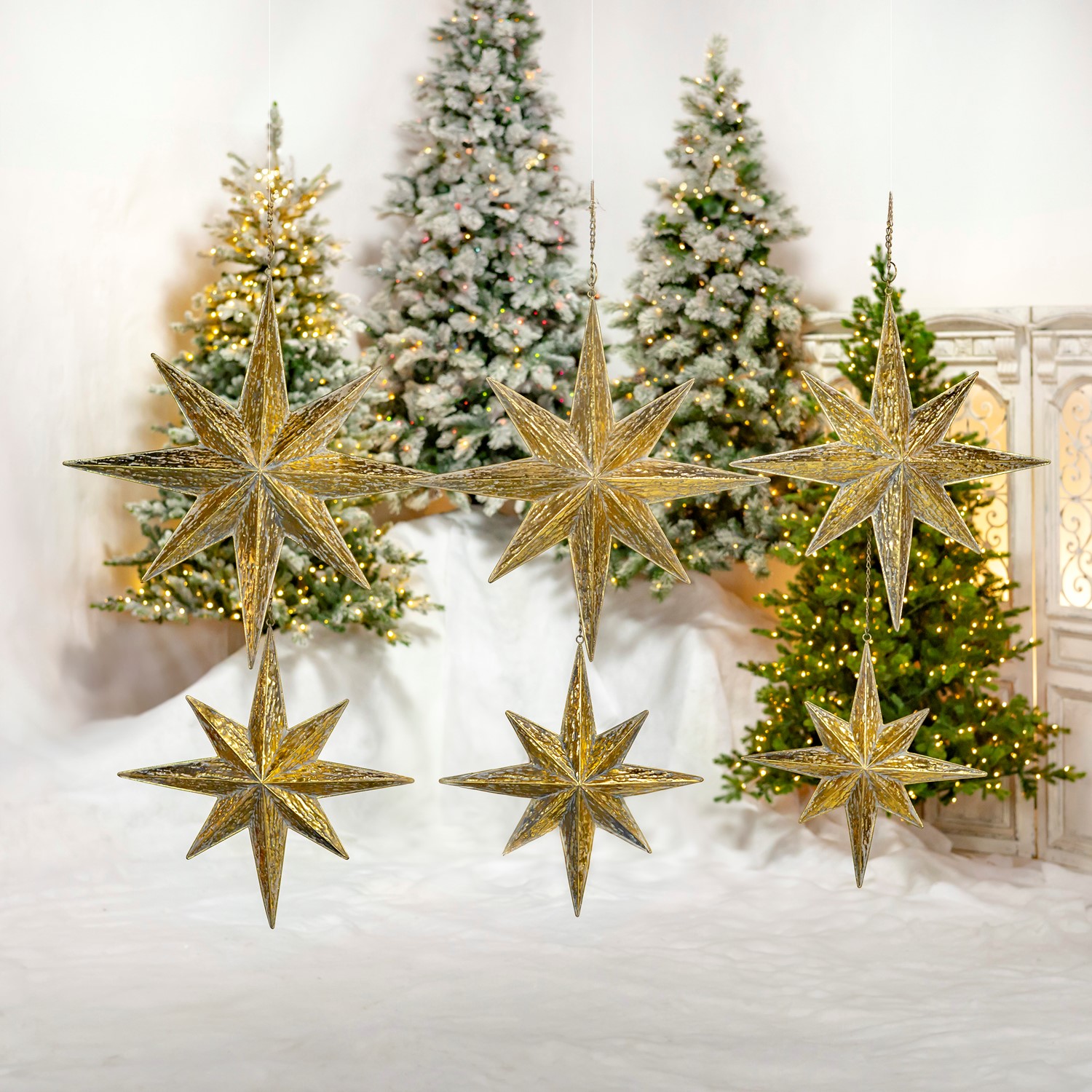 Zaer Ltd International Set of 6 Assorted Antique Gold North Star Hanging Iron Decorations "Polaris" ZR233016-SET