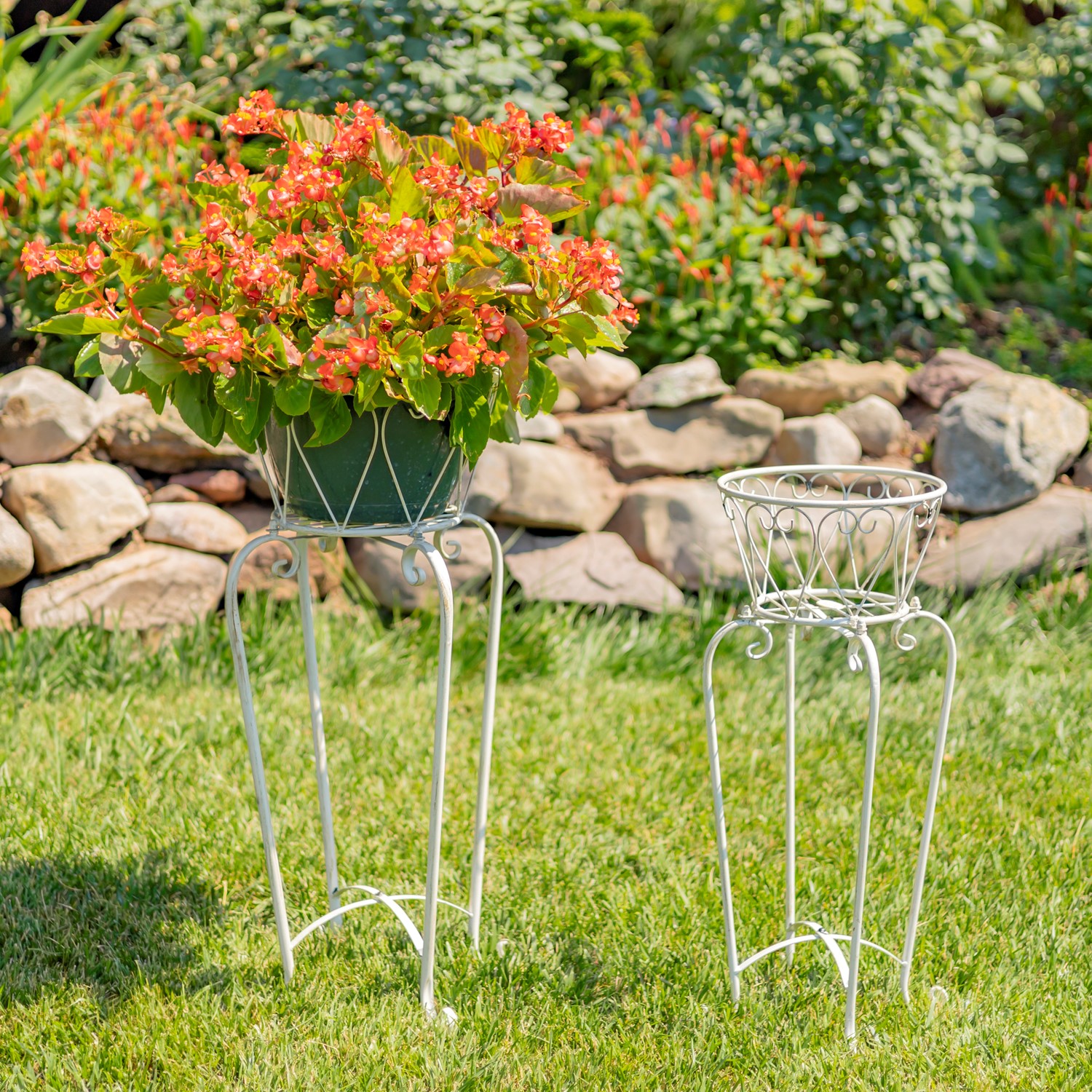 Zaer Ltd International Set of 2 Ornate Flower Basket Plant Stands in Antique White "Medellín 1972" ZR238114-AWS