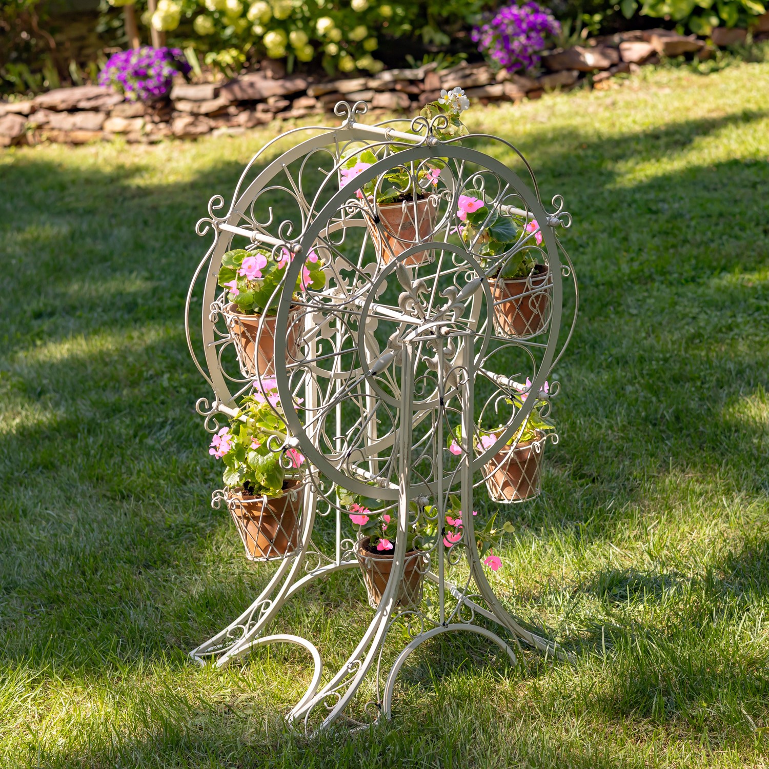 Zaer Ltd International 38" Tall Ferris Wheel Plant Stand with Six Baskets in Antq White "Medellín 1972" ZR163750-AW