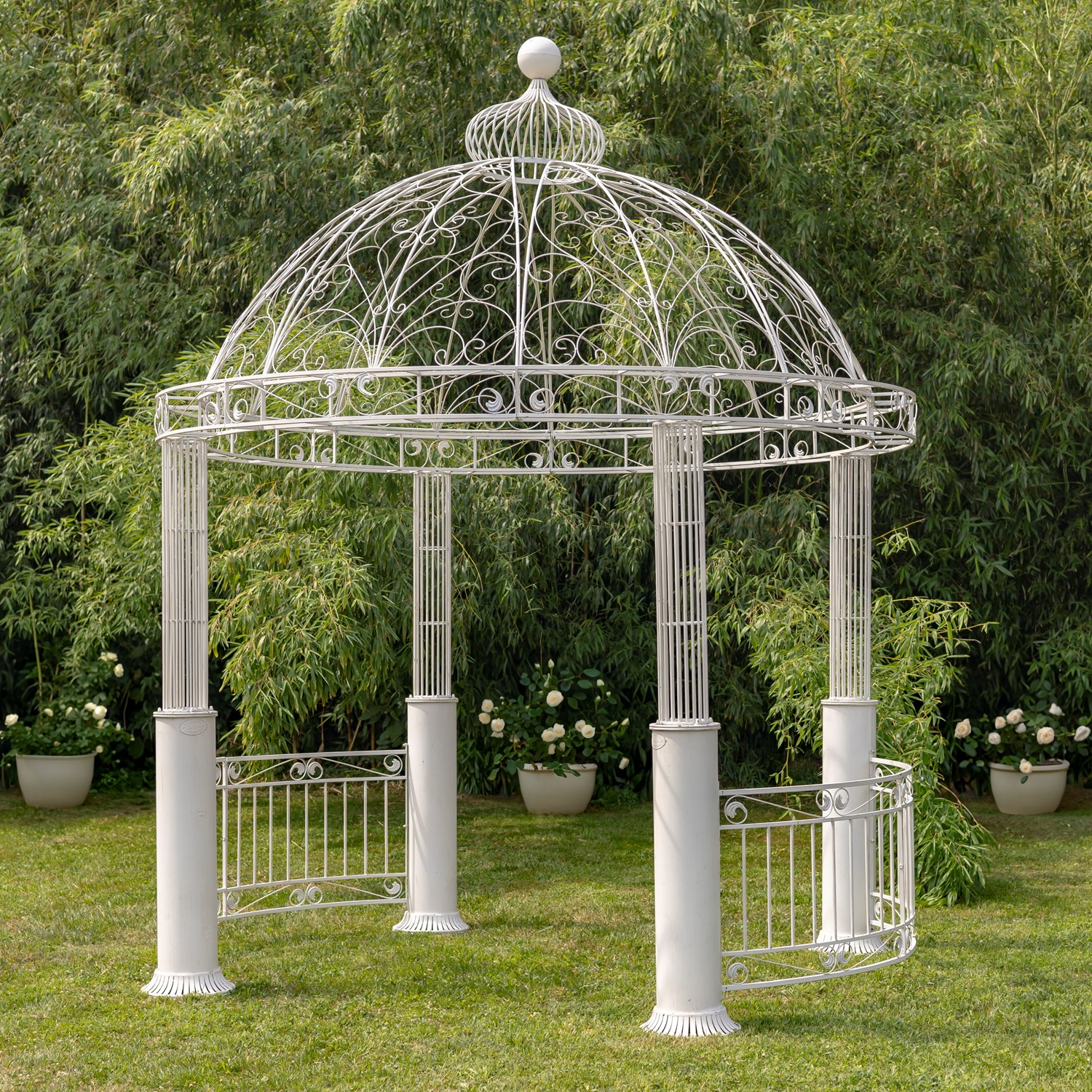 Zaer Ltd International 12.5ft. Tall Ornate Round Iron Garden Gazebo in Antique White "Medellín 1972" ZR210177-AW
