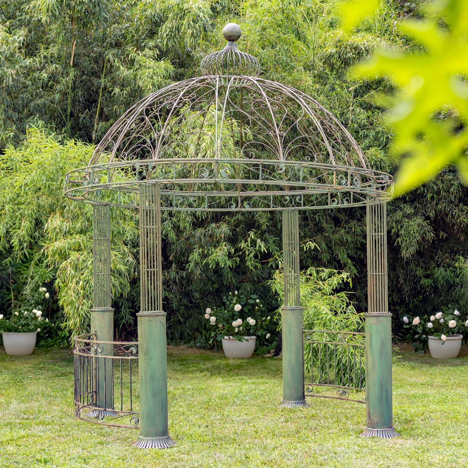 Zaer Ltd International 12.5ft. Tall Ornate Round Iron Garden Gazebo in Antique Green "Medellín 1972" ZR210177-GR