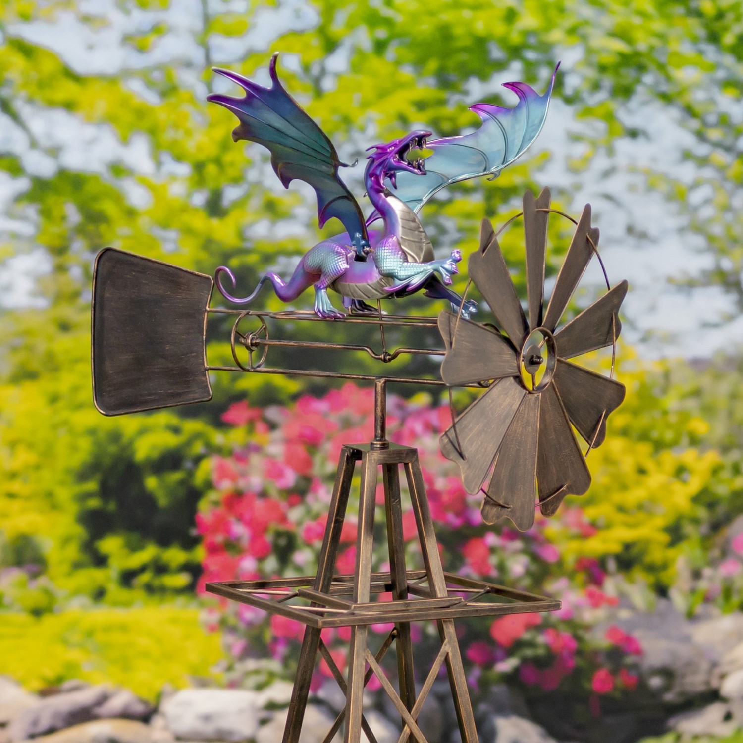 Zaer Ltd International 61.8" Tall Iron Windmill with Flapping Iridescent Dragon & Weather Vane ZR548541