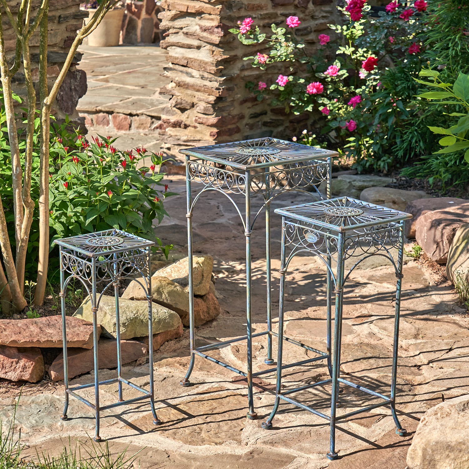 Zaer Ltd. International Set of 3 Square Metal Plant Stand Tables in Cobalt Blue "Copenhagen 1843" ZR220735-BL