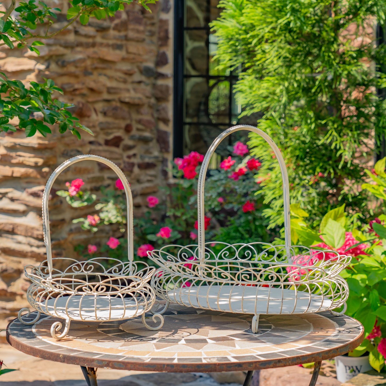 Zaer Ltd. International Set of 2 Freestanding Garden Baskets in Antique White "Stephania" ZR220714-AW