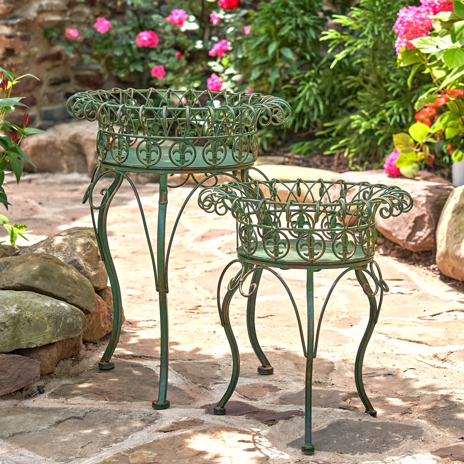 Zaer Ltd. International Set of 2 Standing Iron Plant Stands with Round Baskets in Ant. Green "Stephania" ZR220385-GR