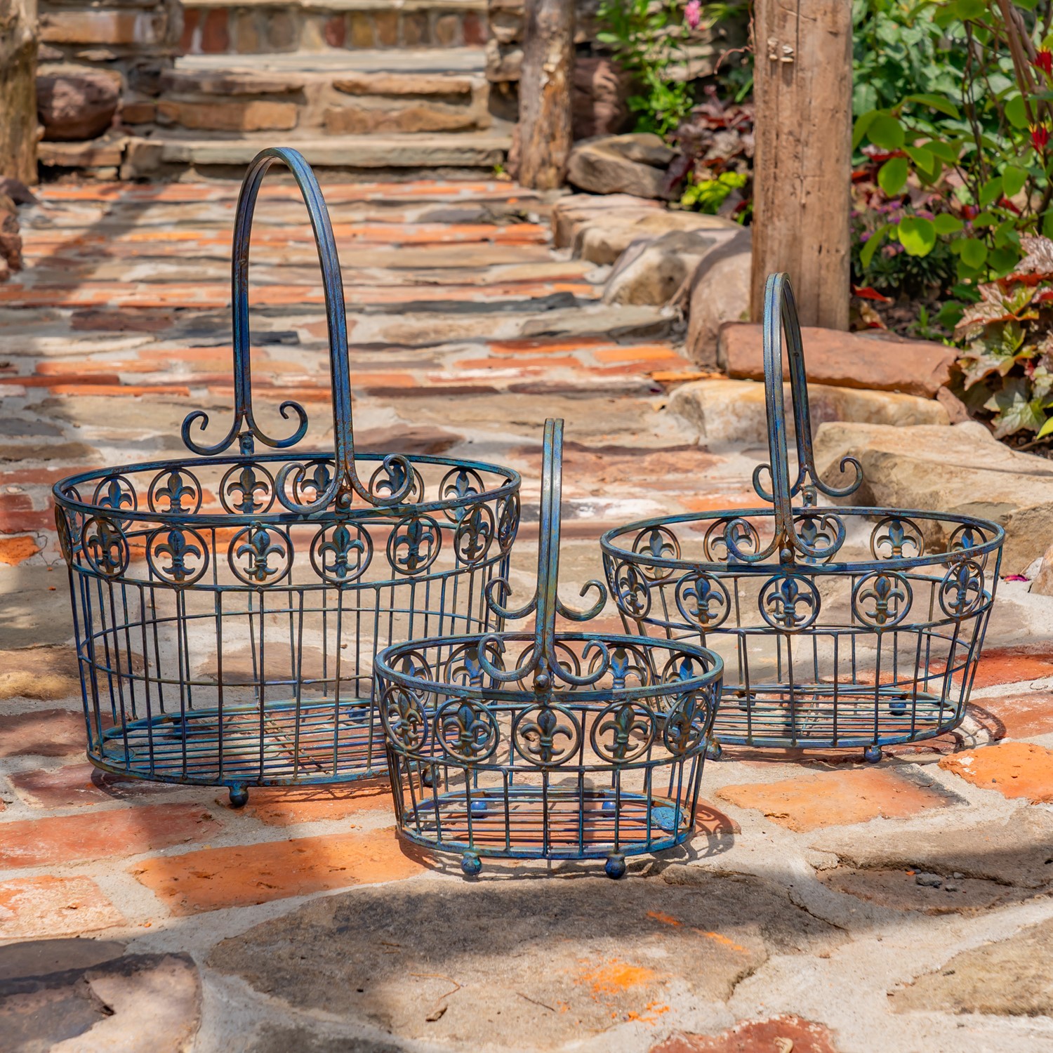 Zaer Ltd. International Set of 3 Iron Garden Baskets with Handles in Cobalt Blue "Copenhagen 1843" ZR220405-BL
