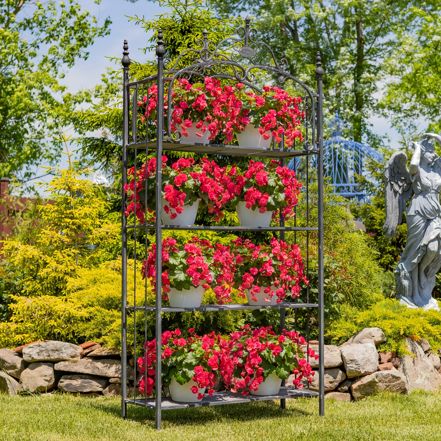 Zaer Ltd. International 7.5ft Tall Four Tier Standing Iron Shelf in Antique Black "Stephania" ZR220311-BK
