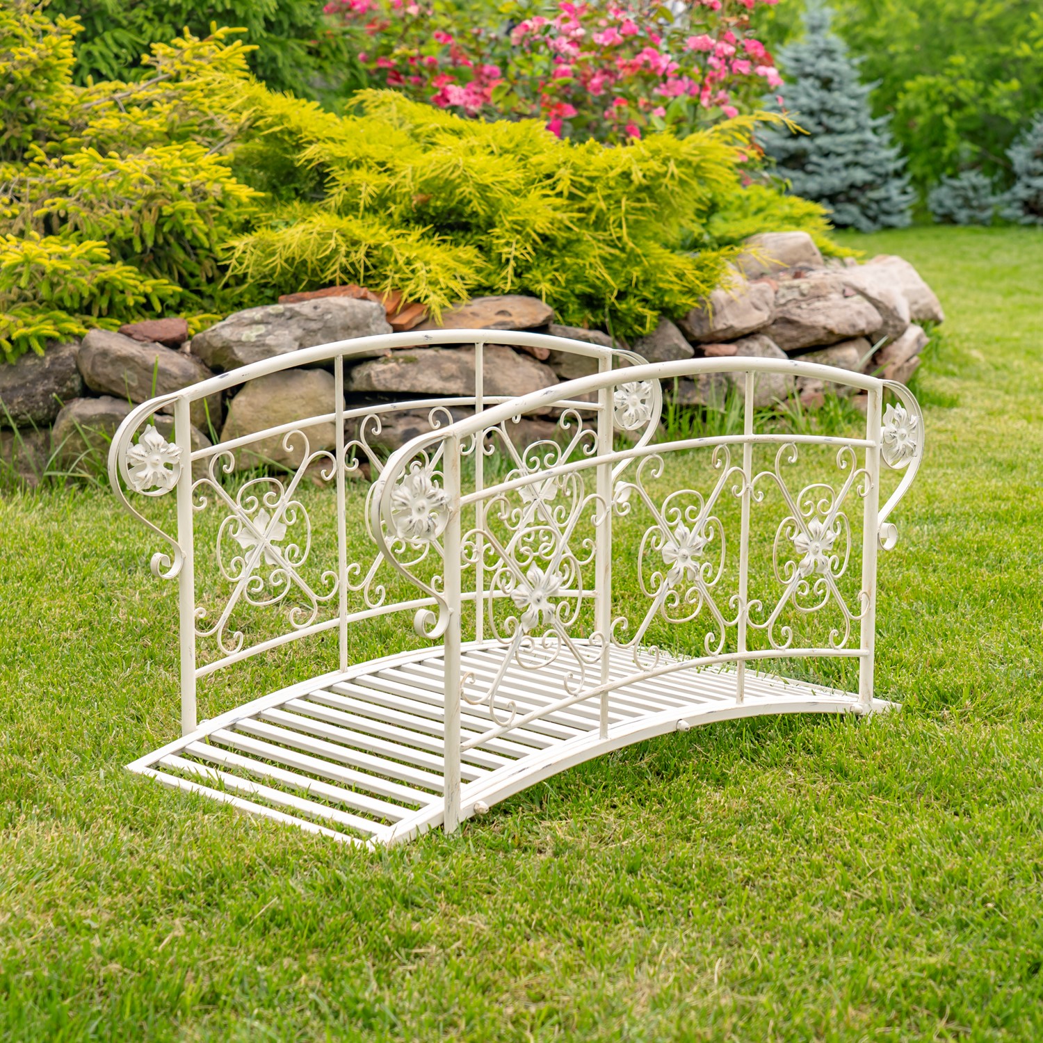 Zaer Ltd International 40.5" Long Iron Garden Bridge with Embellished Handle Bars in White "Stephania" ZR220597-AW