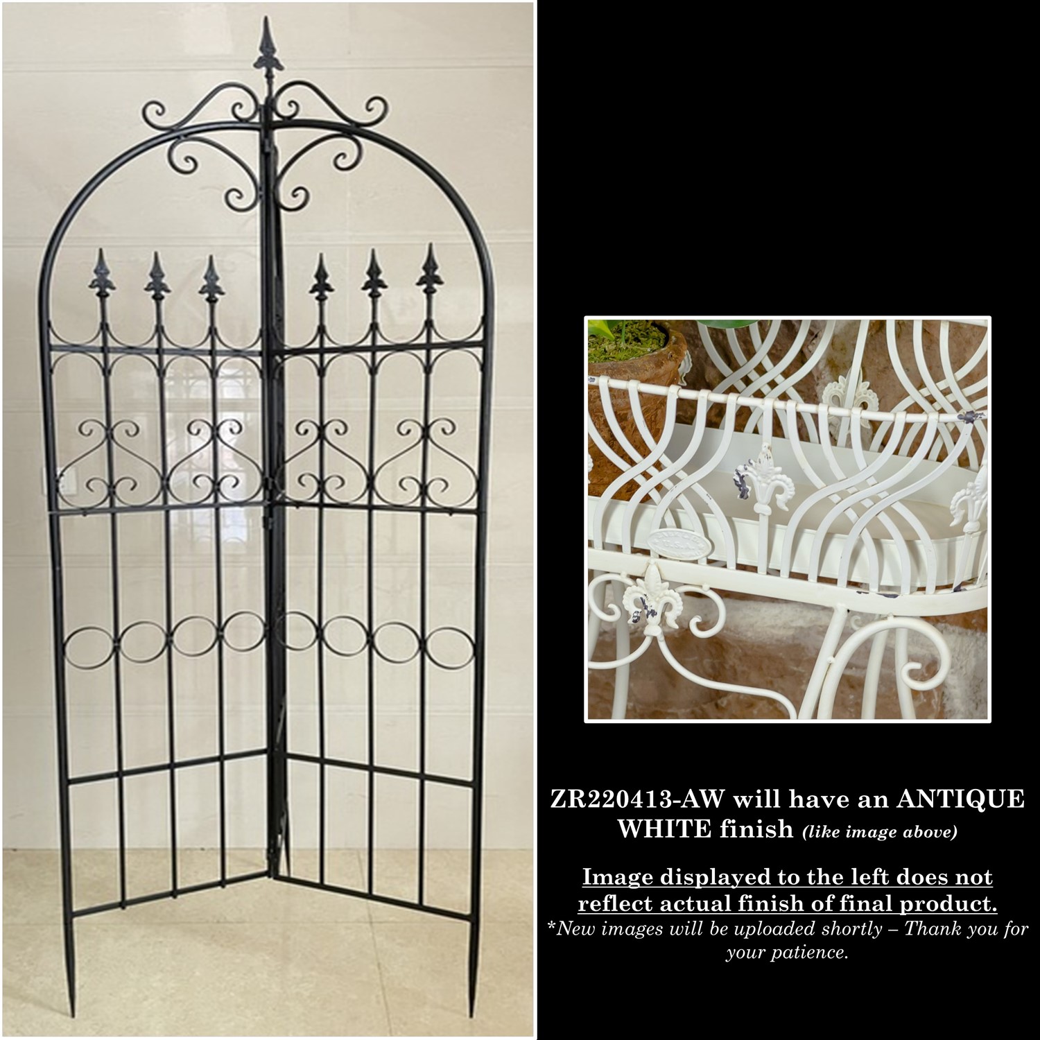 Zaer Ltd International 7.7ft Tall Three Wall Iron Trellis with Fleur-de-lis in Ant. White "Paris 1968" ZR220413-AW
