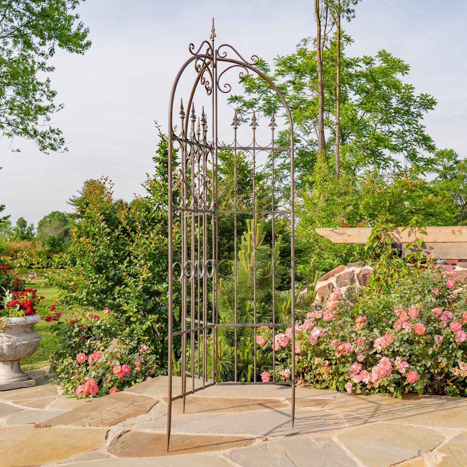 Zaer Ltd International 7.7ft Tall Three Wall Iron Trellis with Fleur-de-lis in Ant. Bronze "Paris 1968" ZR220413-BZ