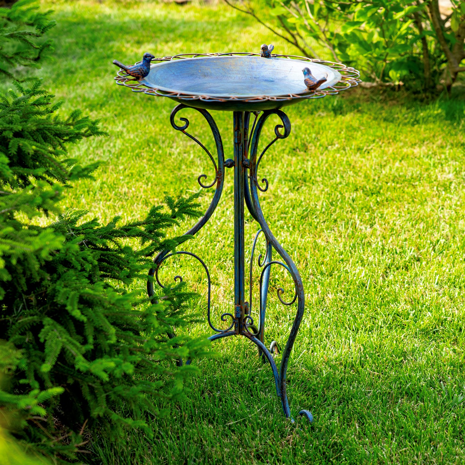 Zaer Ltd International 28.75" Tall Ornate Iron Birdbath with 3 Small Birds in Cobalt Blue "Stephania" ZR220411-BL