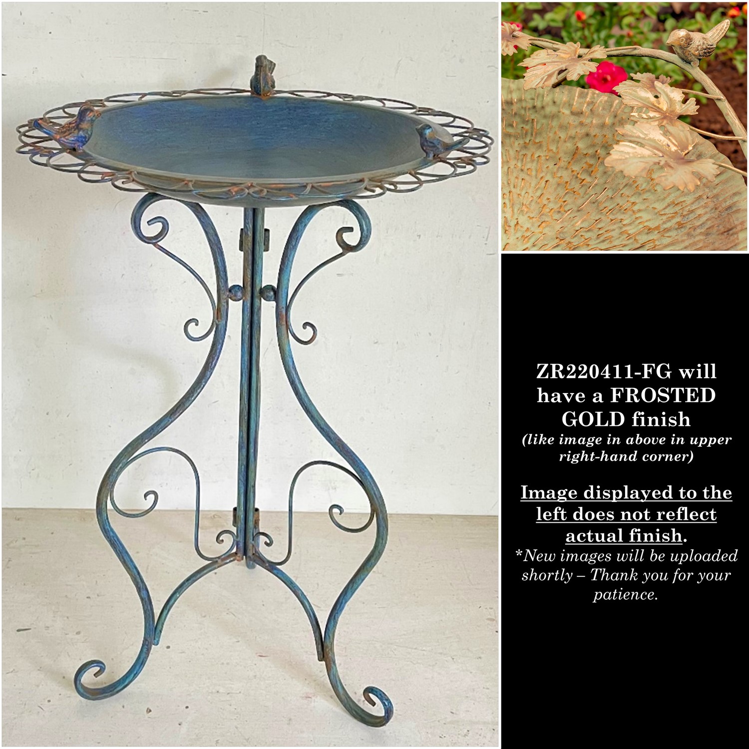 Zaer Ltd International 28.75" Tall Ornate Iron Birdbath with 3 Small Birds in Frosted Gold "Stephania" ZR220411-FG