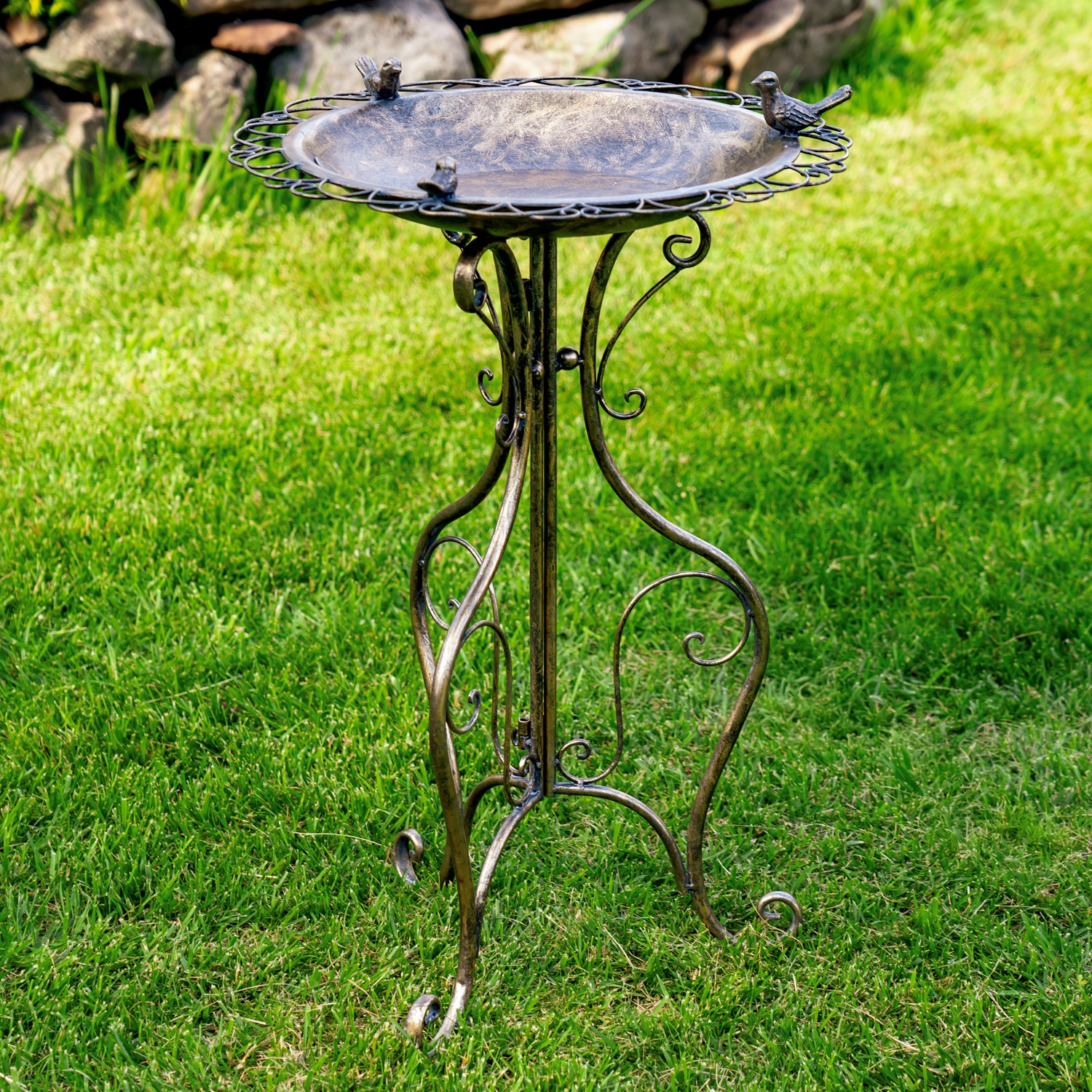 Zaer Ltd International 28.75" Tall Ornate Iron Birdbath with 3 Small Birds in Copper-Bronze "Stephania" ZR220411-CB