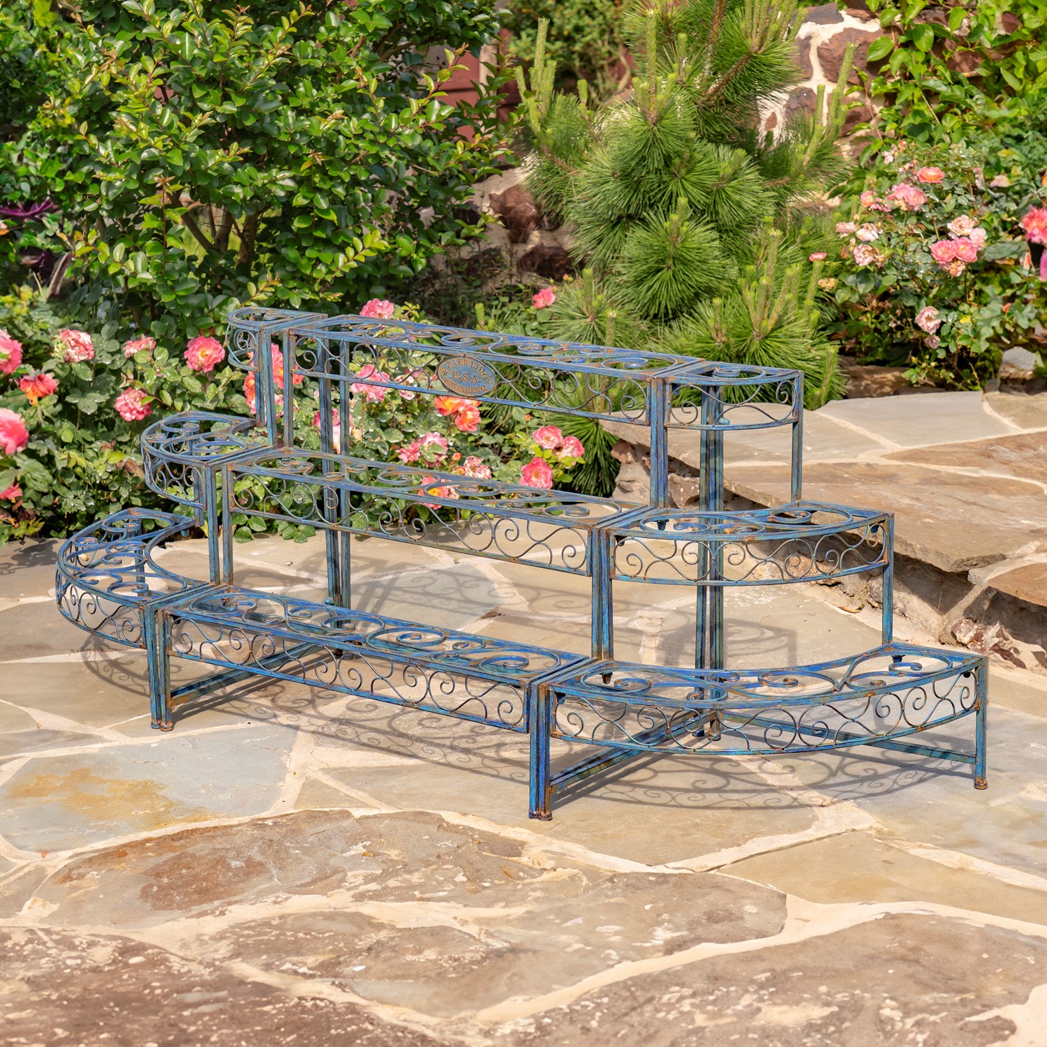 Zaer Ltd International Three Tier Metal Riser Plant Stand Display in Cobalt Blue "Stephania" ZR220414-BL