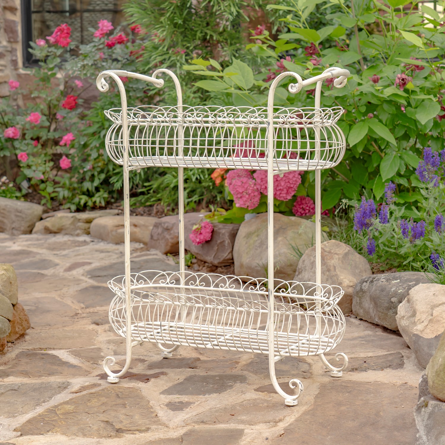 Zaer Ltd. International Pre-Order: 32.28" Tall 2-Tier Metal Oval Basket Plant Stand in White "Stephania" ZR220663-AW