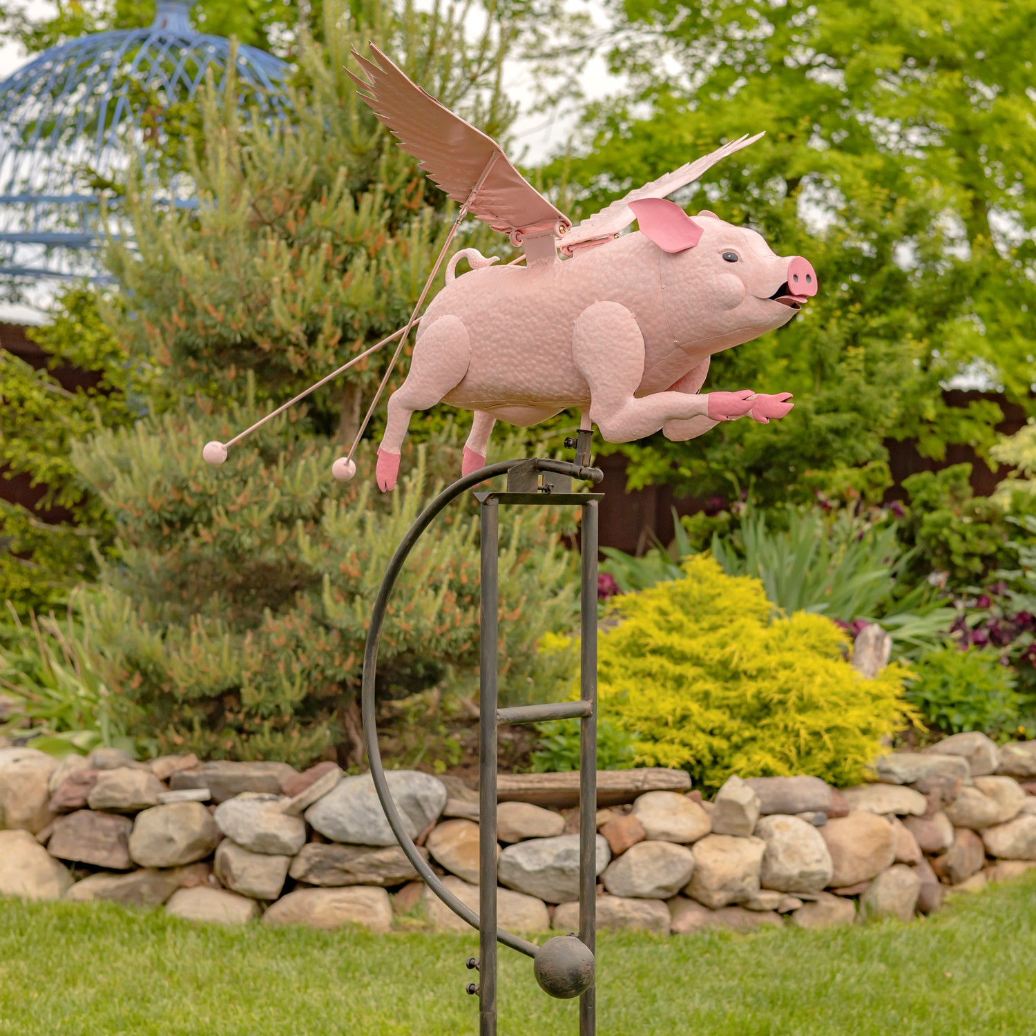 Zaer Ltd International 6.5ft. Tall Hand Painted Flying Pink Potbelly Pig Iron Rocking Stake "Pigasus" ZR206330-PK