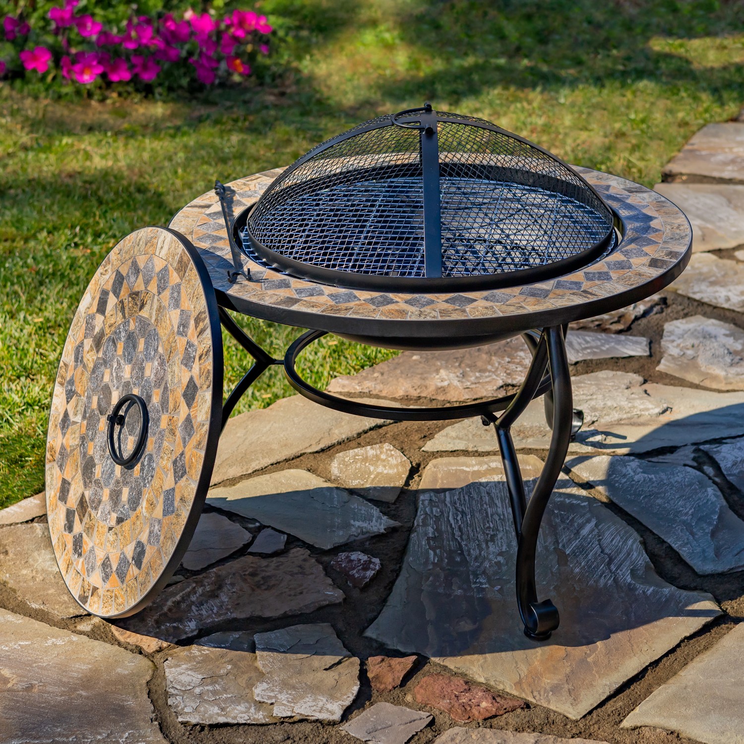 Zaer Ltd. International 32.6"D. Round Mosaic Tile Metal Fire Pit "Medora" ZR803682-C