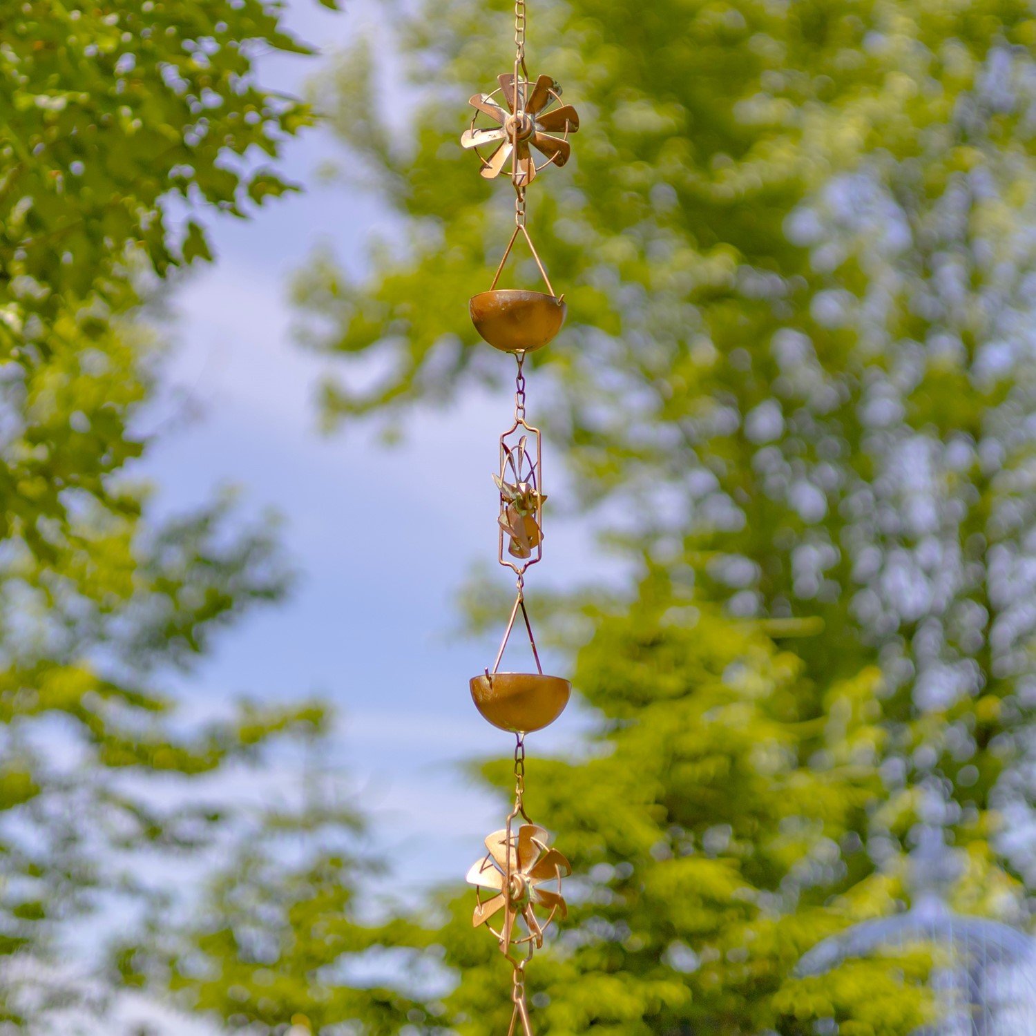 Zaer Ltd International 94" Long Antique Copper Iron Rain Chain with Windmill Details ZR235181