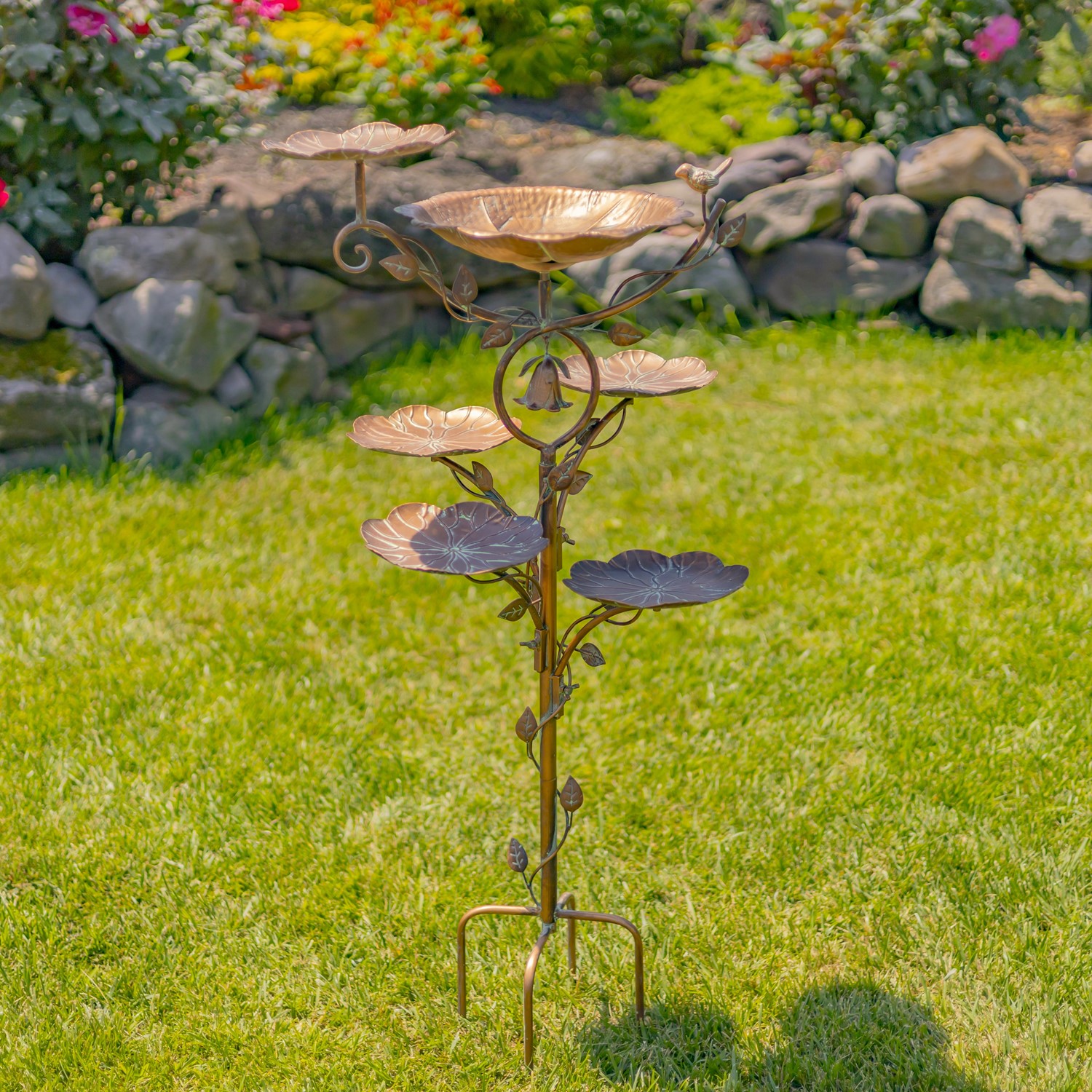Zaer Ltd International 44.5" Tall Multi-Tier Blossom Shaped Iron Birdbath Garden Stake "Camellia" ZR235187