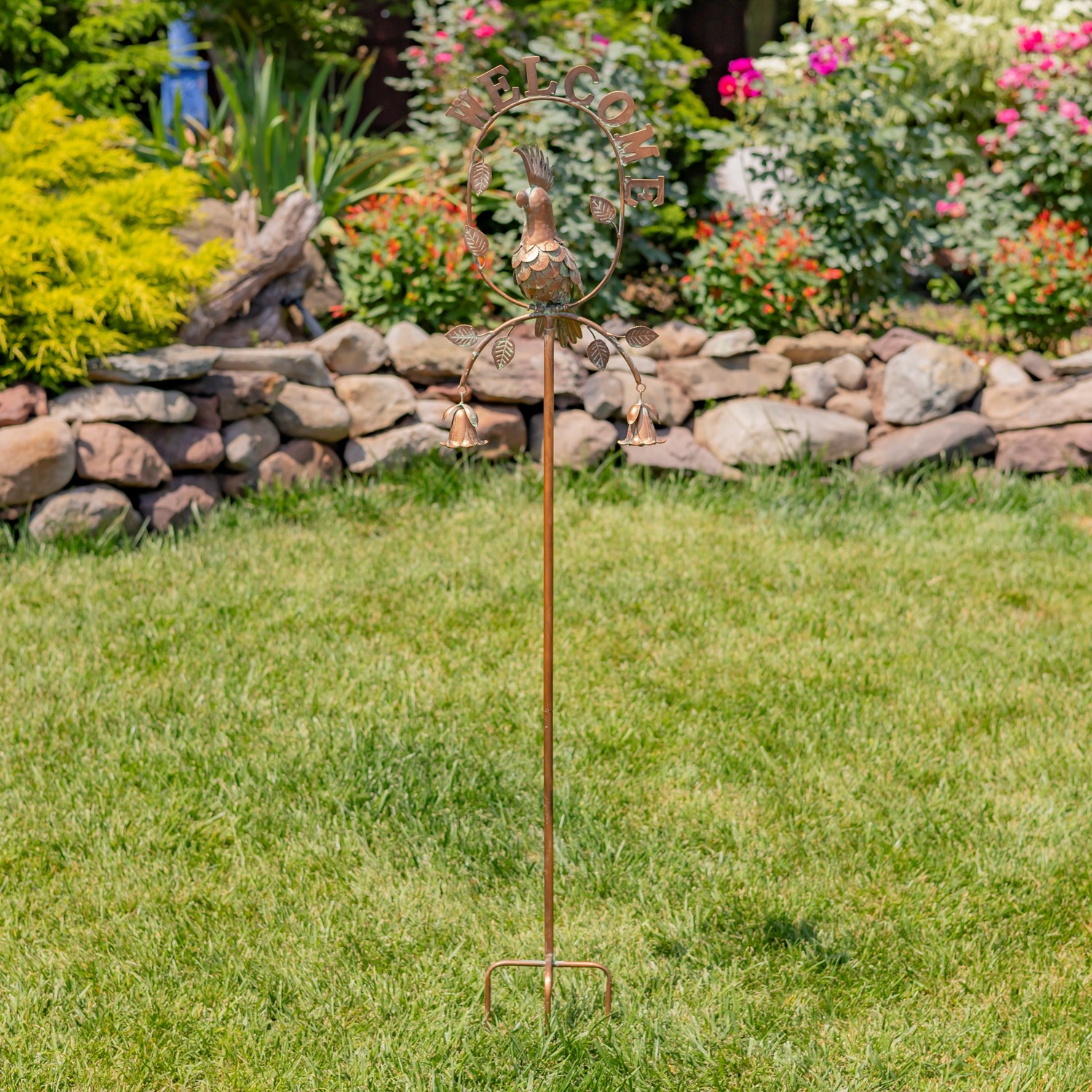 Zaer Ltd International 63.25" Tall Metal "Welcome" Garden Stake with Cockatoo & Flower Bells ZR235188