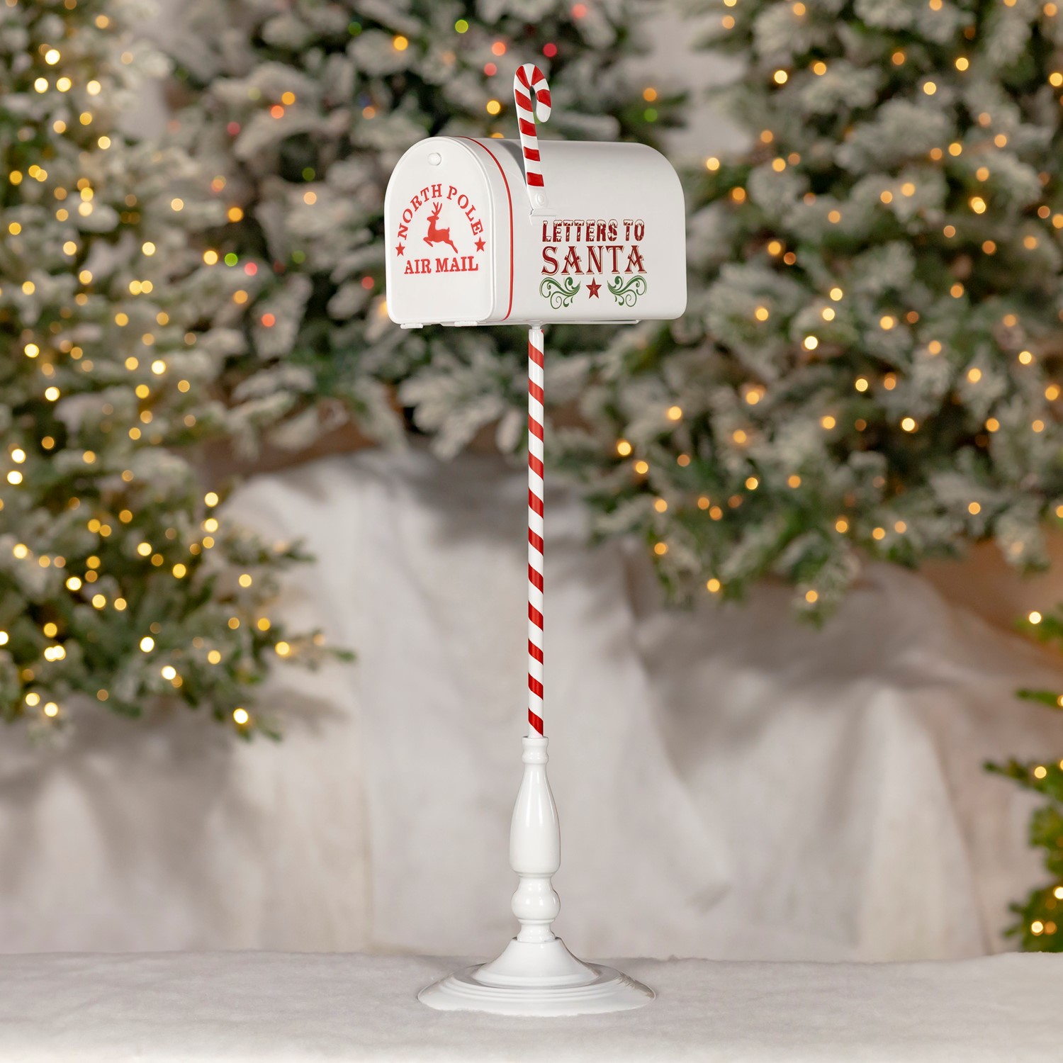 Zaer Ltd International 31" Tall Antique White "North Pole" Metal Mailbox with Candy Cane Stand ZR361494-AW